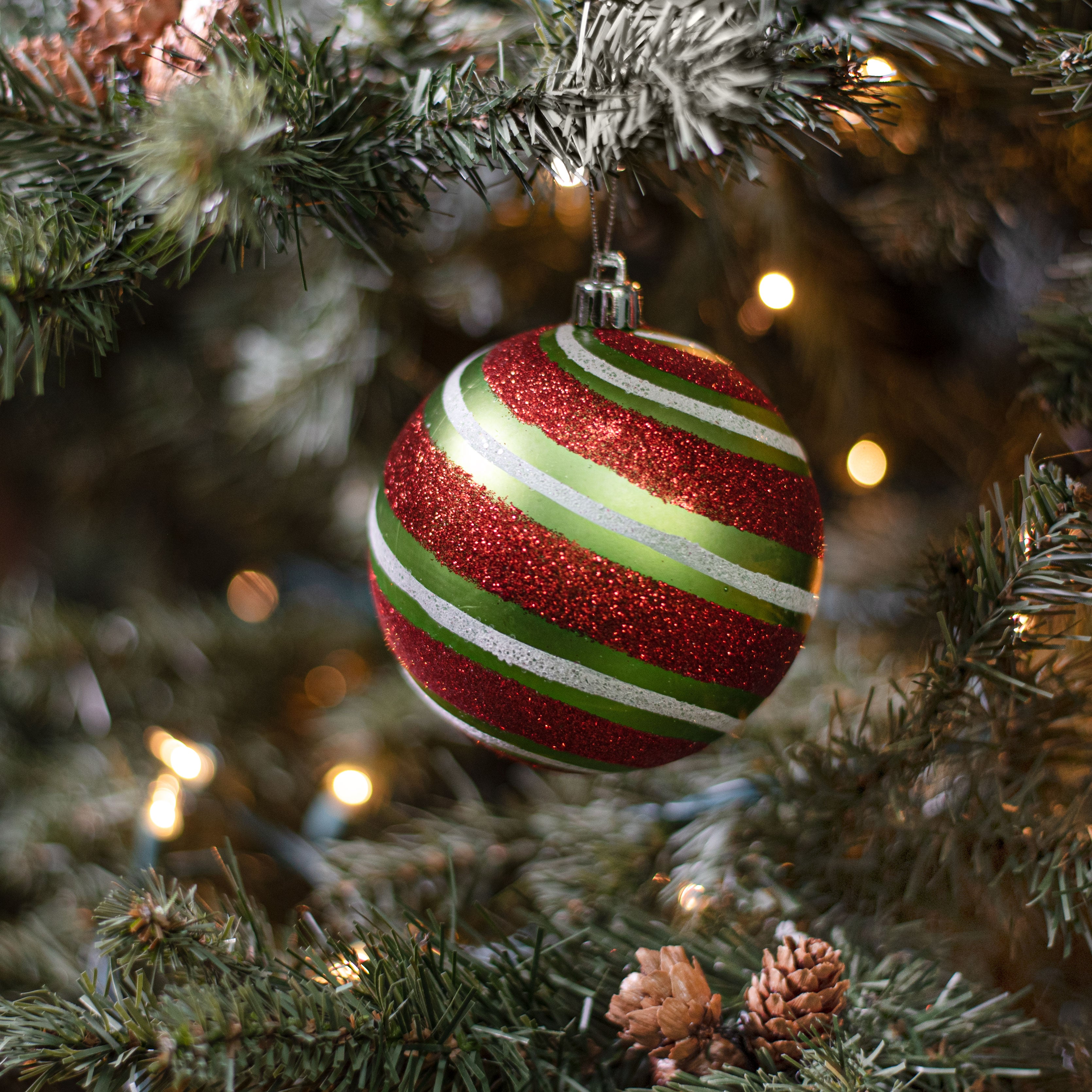 100MM Diagonal Glitter Stripe Ball Ornament: Lime, Red, White Lifestyle Photo