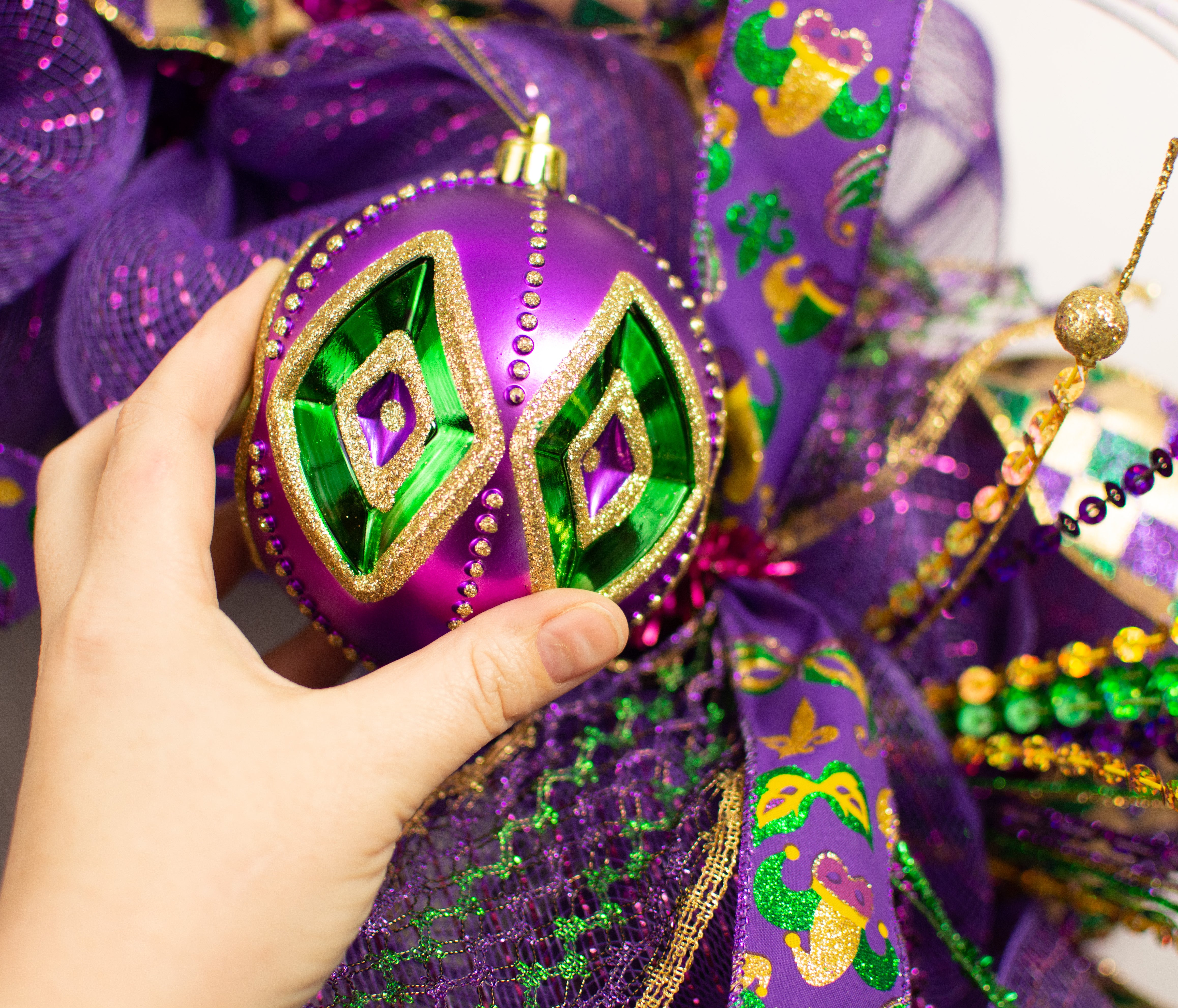 100MM Diamond Pattern Ball Ornament: Purple, Green, Gold Lifestyle Photo