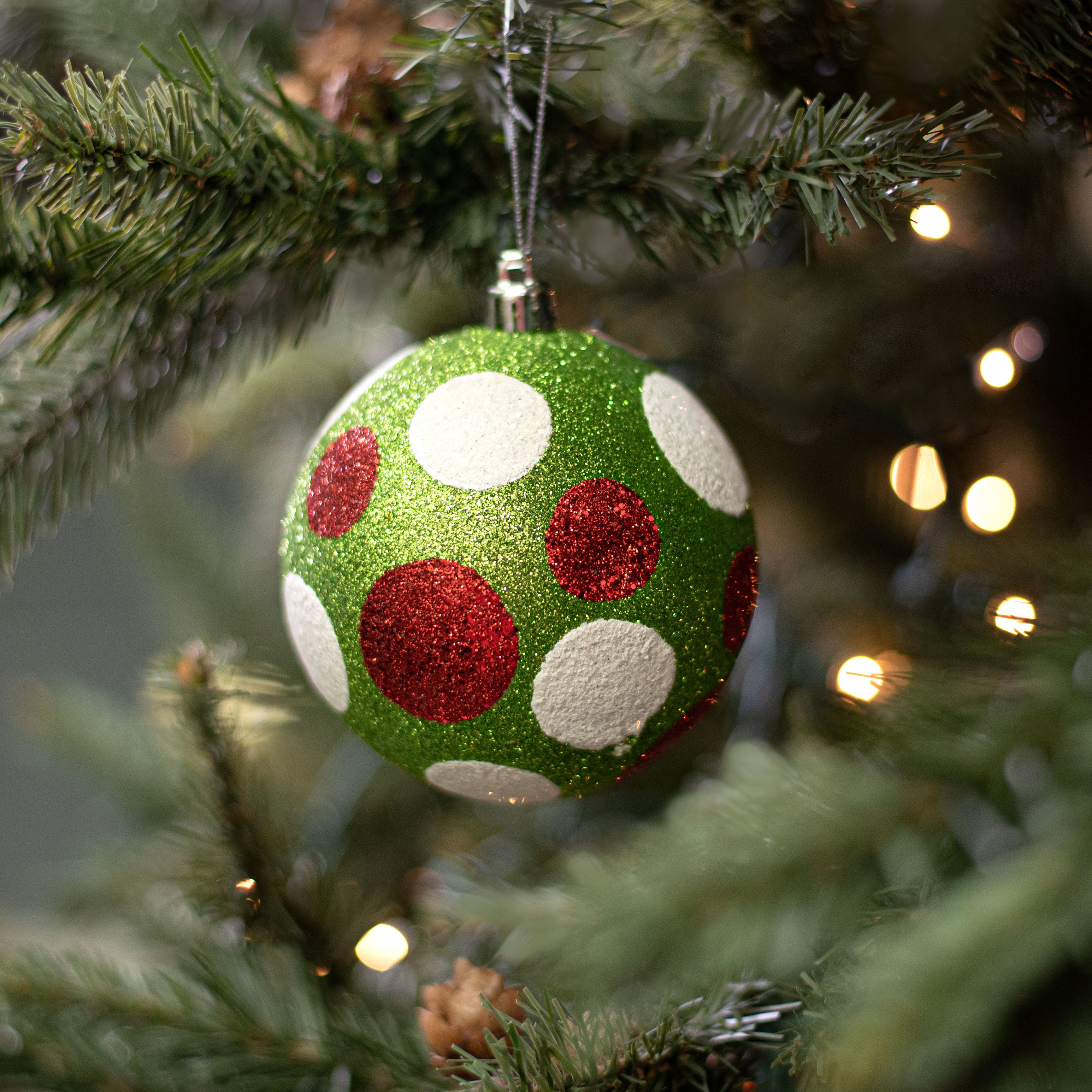 100MM Glitter Dot Ball Ornament: Lime, Red, White Lifestyle Photo