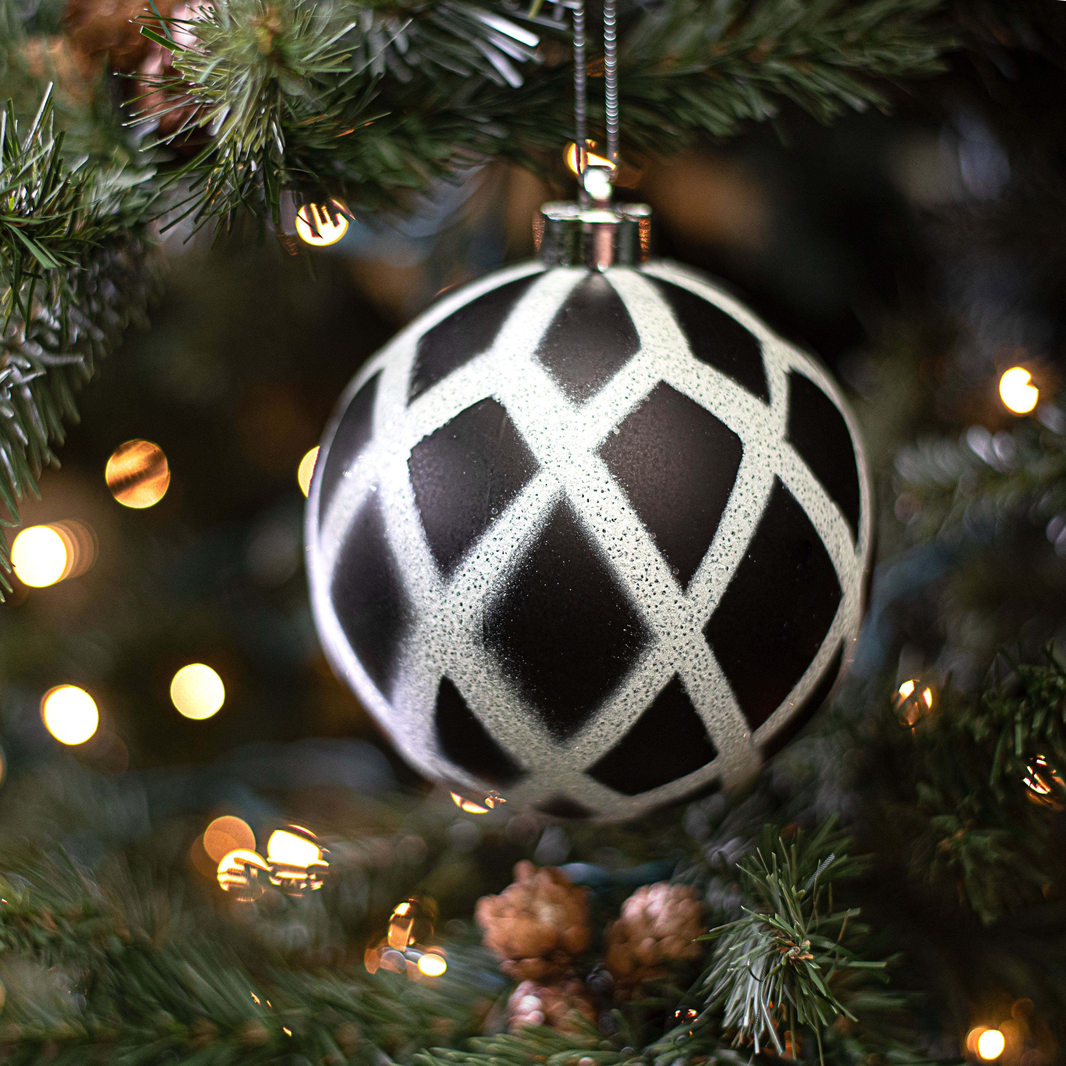 120MM Glitter & Matte Harlequin Ball Ornament: Black & White Lifestyle Photo