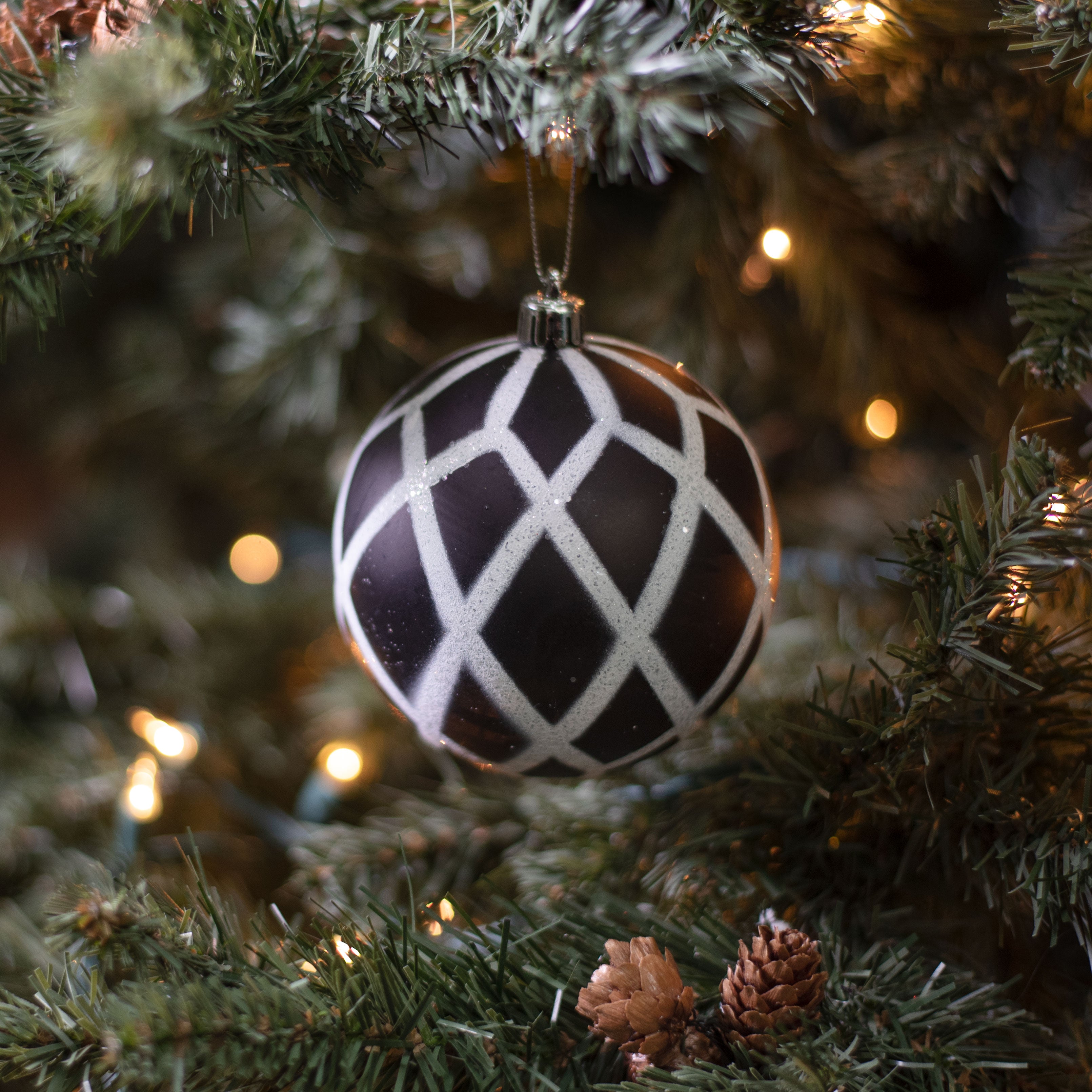 100MM Glitter & Matte Harlequin Ball Ornament: Black & White Lifestyle Photo