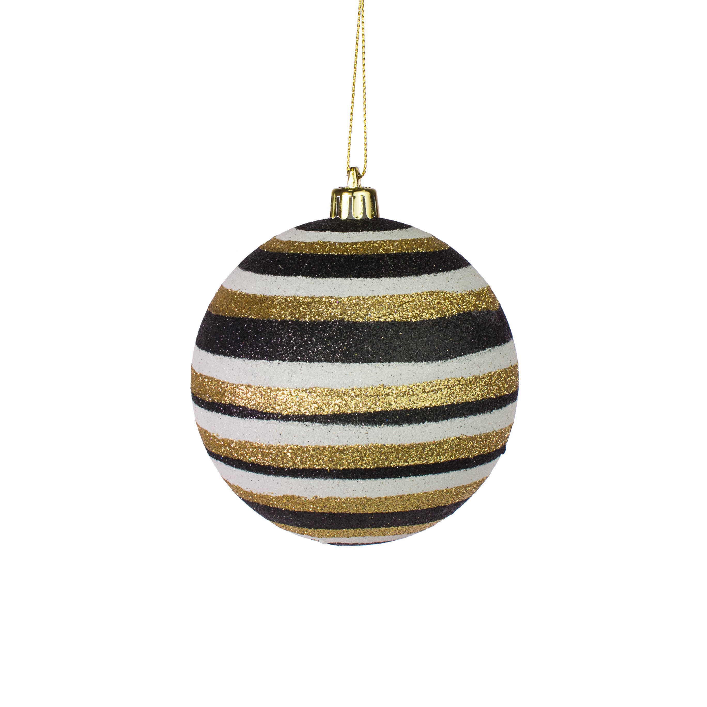 100MM Horizontal Stripe Glitter Ball Ornament: Black, Gold, White Item Number: XY8528E1