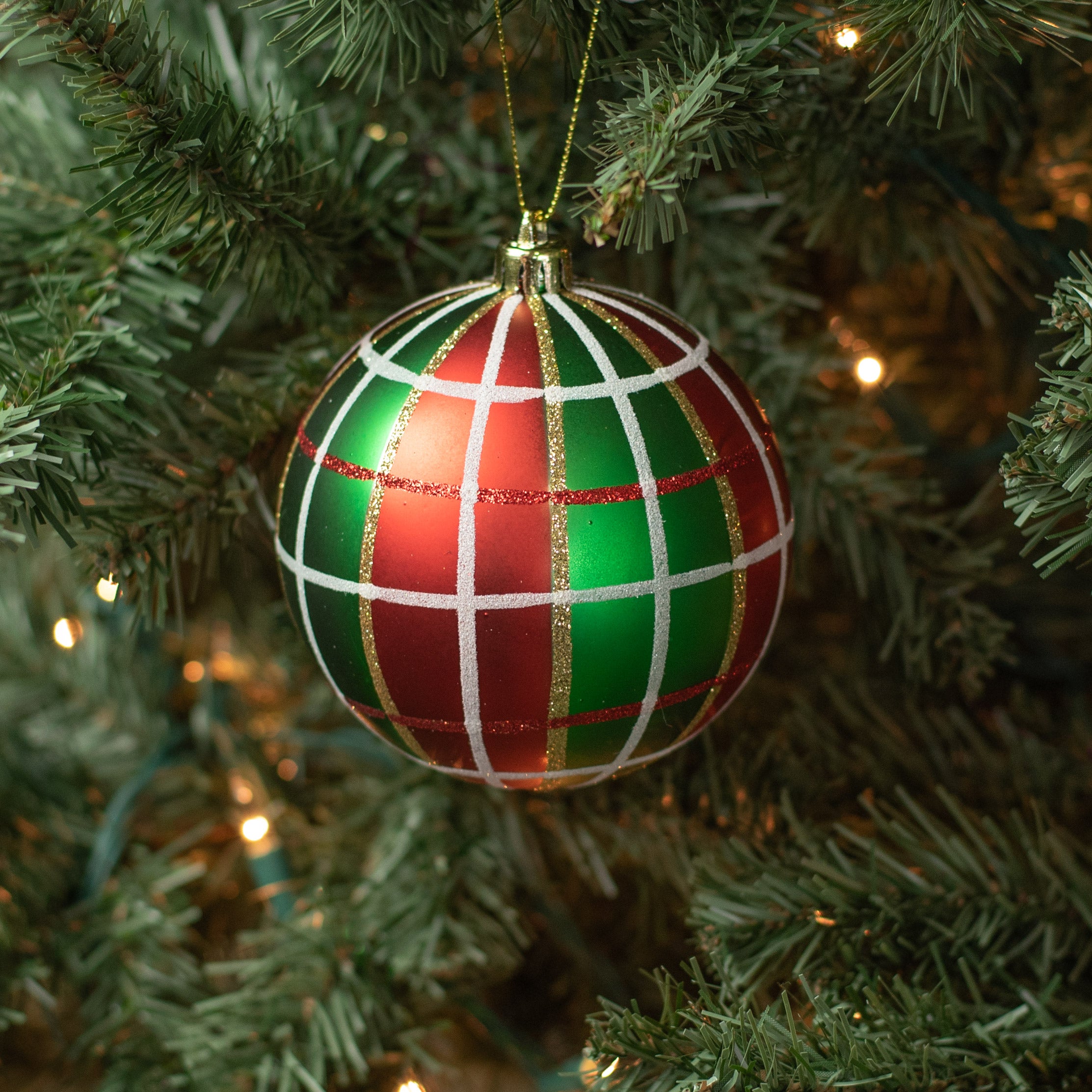 100MM Plaid Ball Ornament: Red, Emerald, White Lifestyle Photo