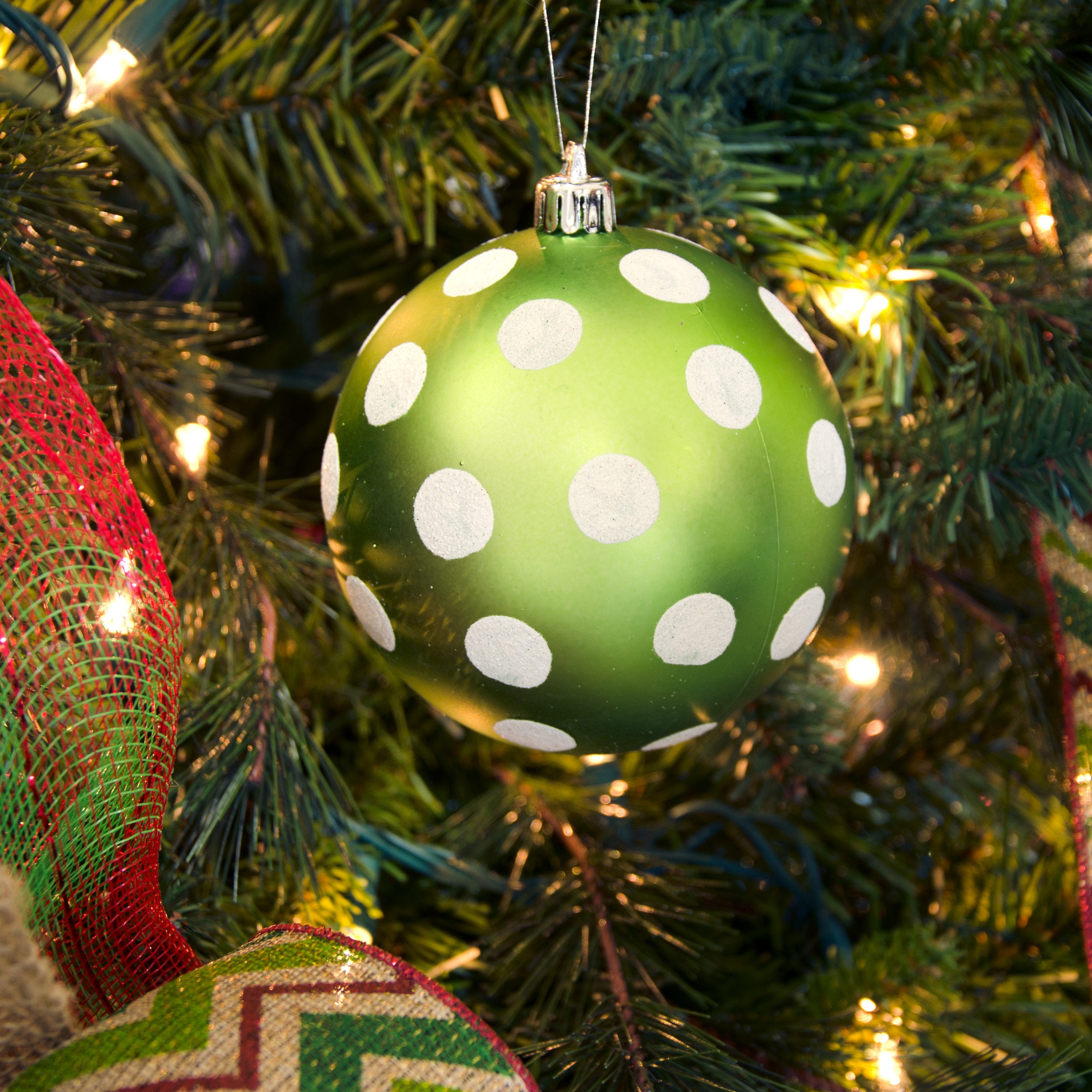 100MM Polka Dot Polka Dot Ornament: Matte Lime Green & White Lifestyle Photo