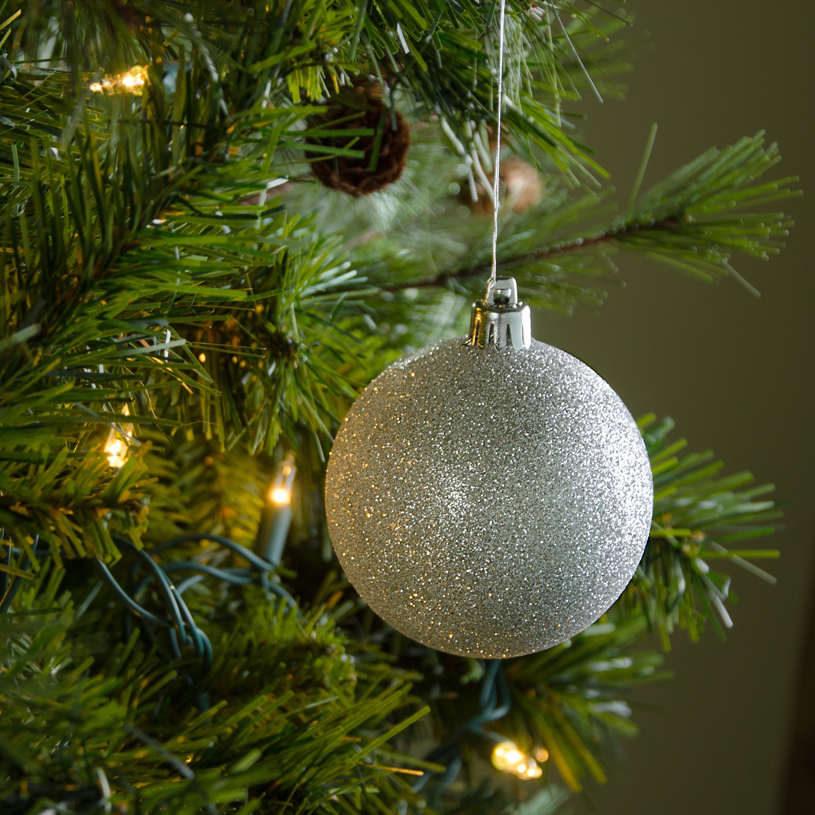 80MM Round Glitter Ball Ornament: Metallic Silver Lifestyle Photo
