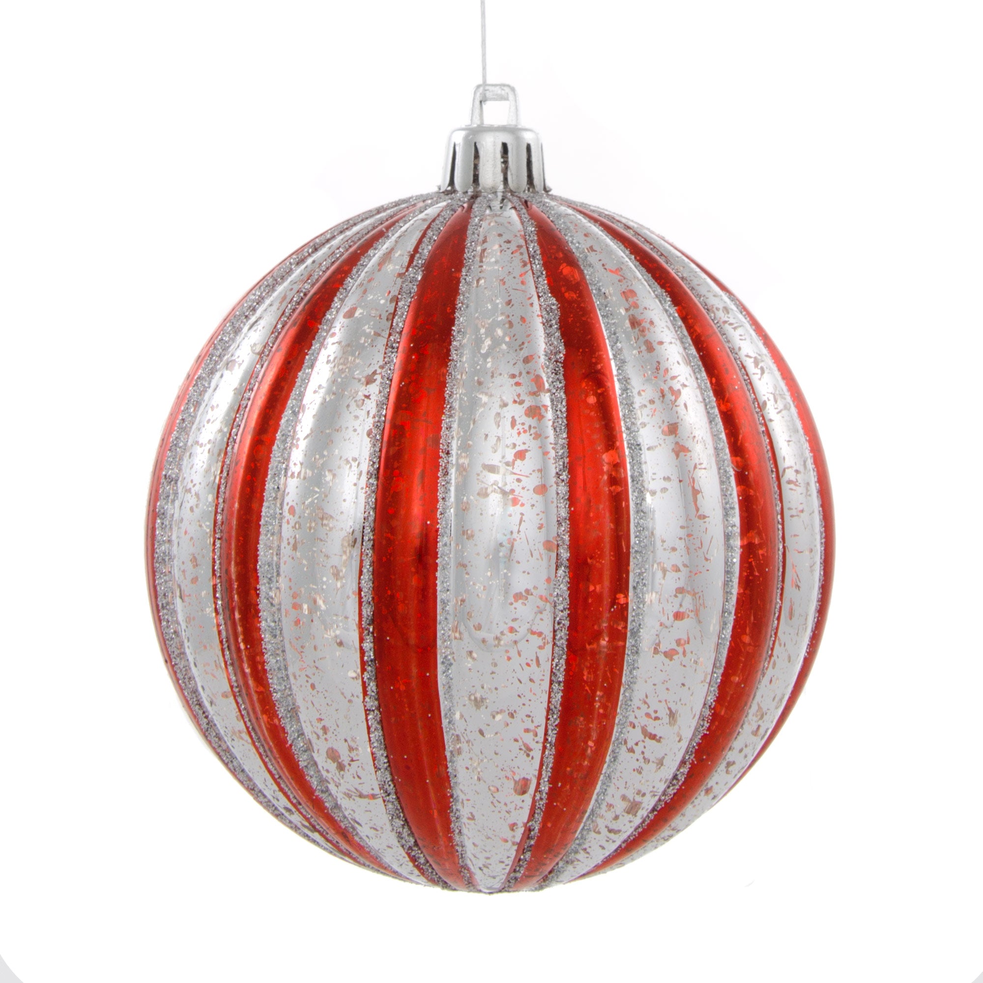 100MM Round Vertical Stripe Metallic Ball Ornament: Red & Antique Silver Stripe Item Number: XH936070