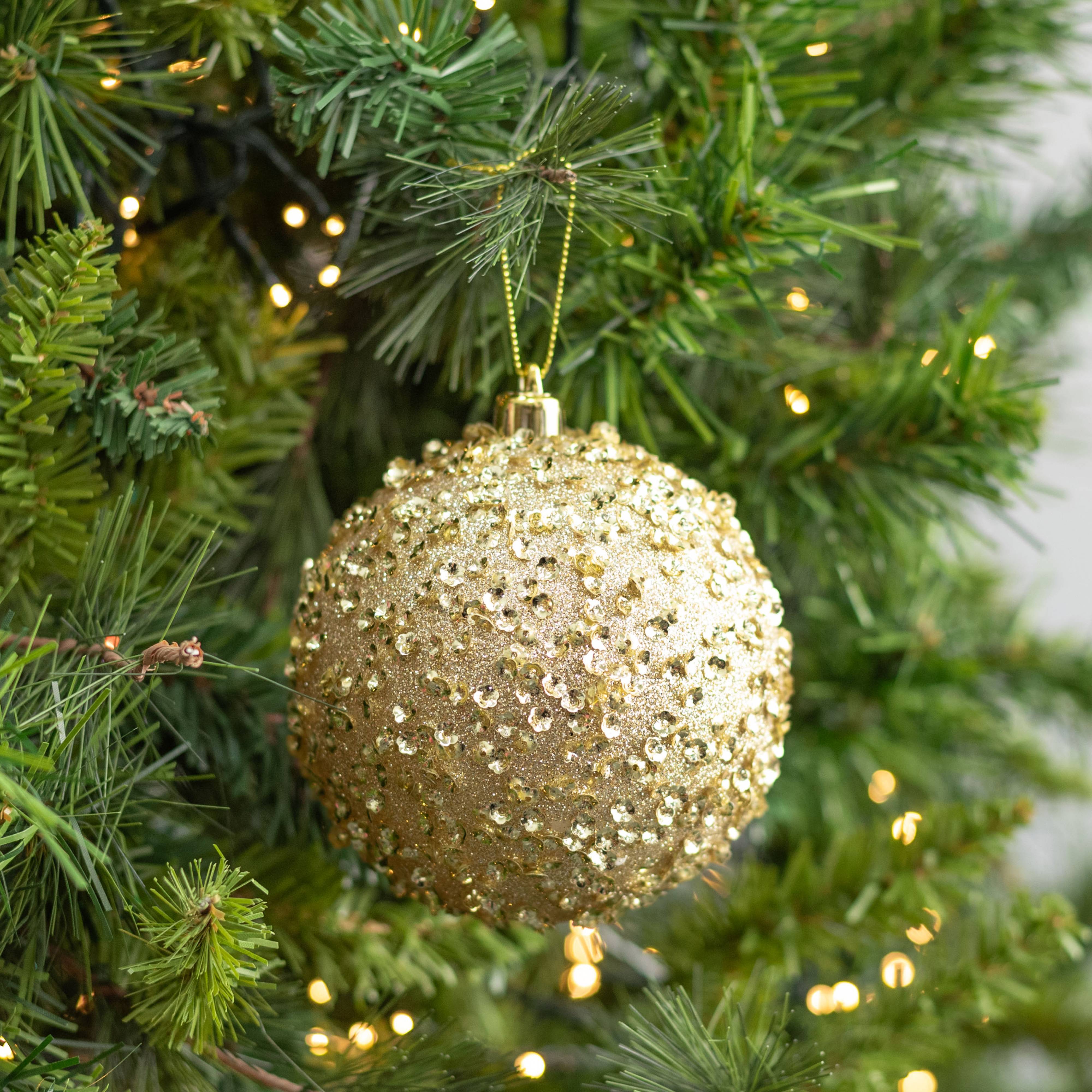 100mm Sequin & Glitter Ball Ornaments: Champagne Gold (Box of 4) Lifestyle Photo