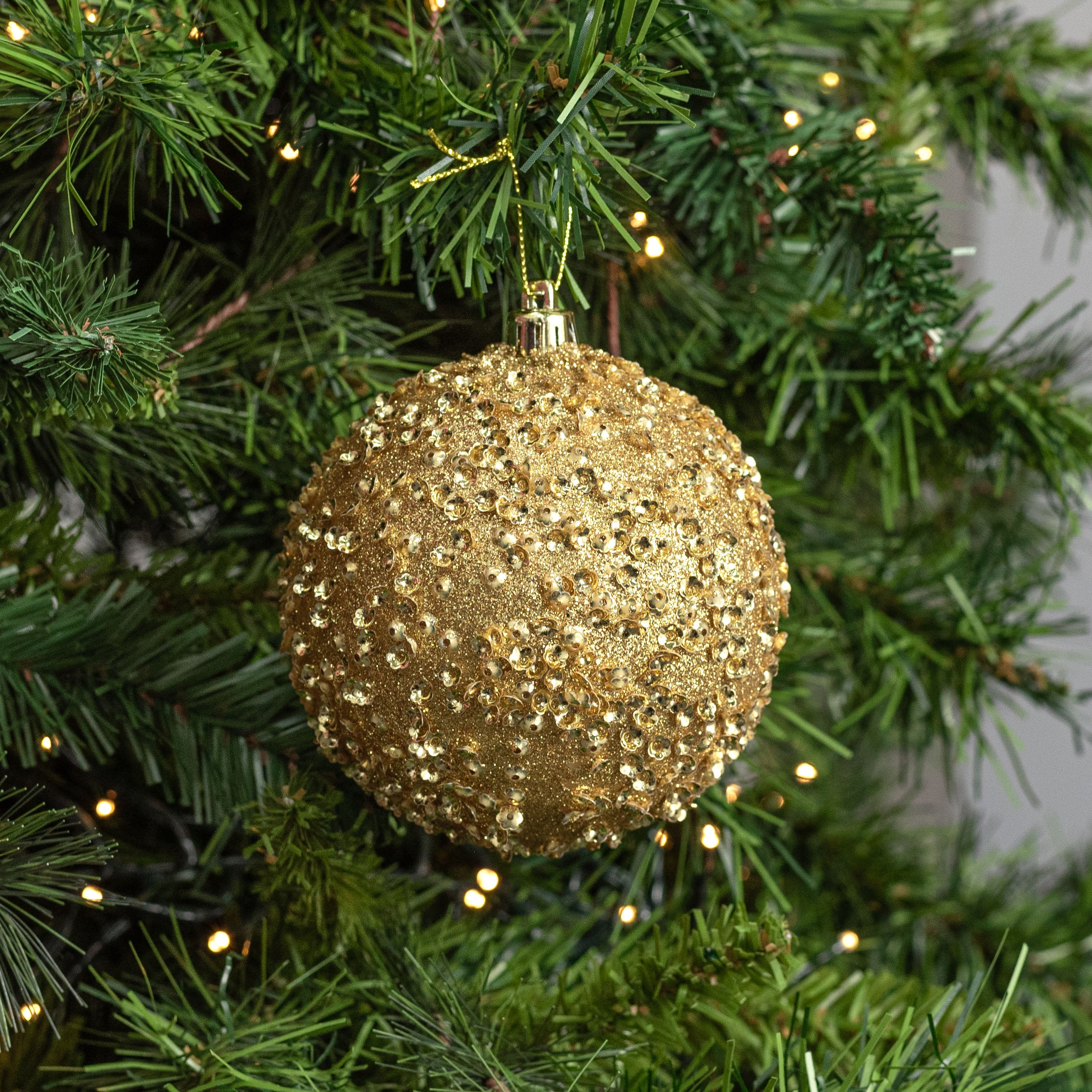 100mm Sequin & Glitter Ball Ornaments: 18K Gold (Box of 4) Lifestyle Photo