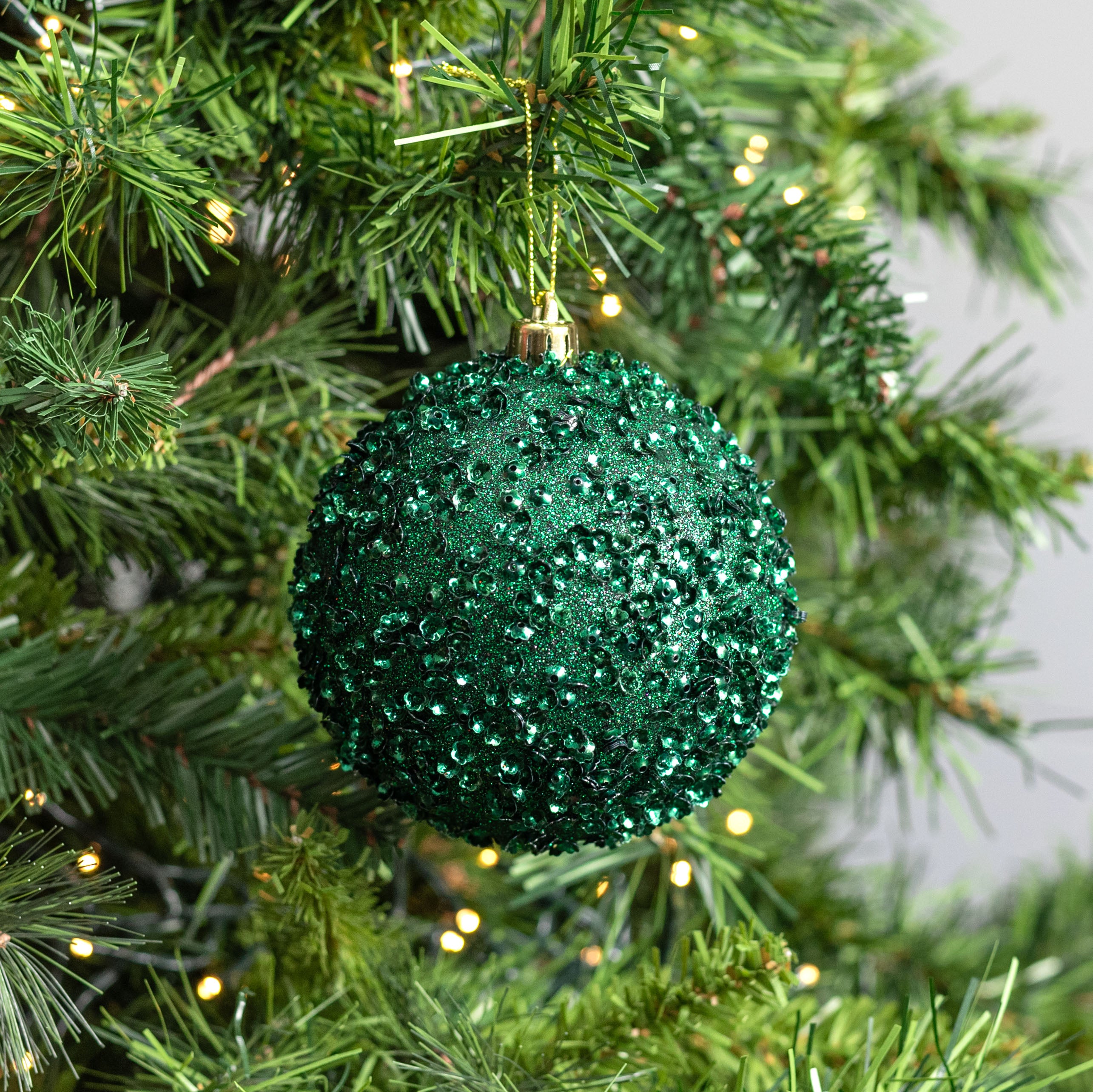 100mm Sequin & Glitter Ball Ornaments: Hunter Green (Box of 4) Lifestyle Photo