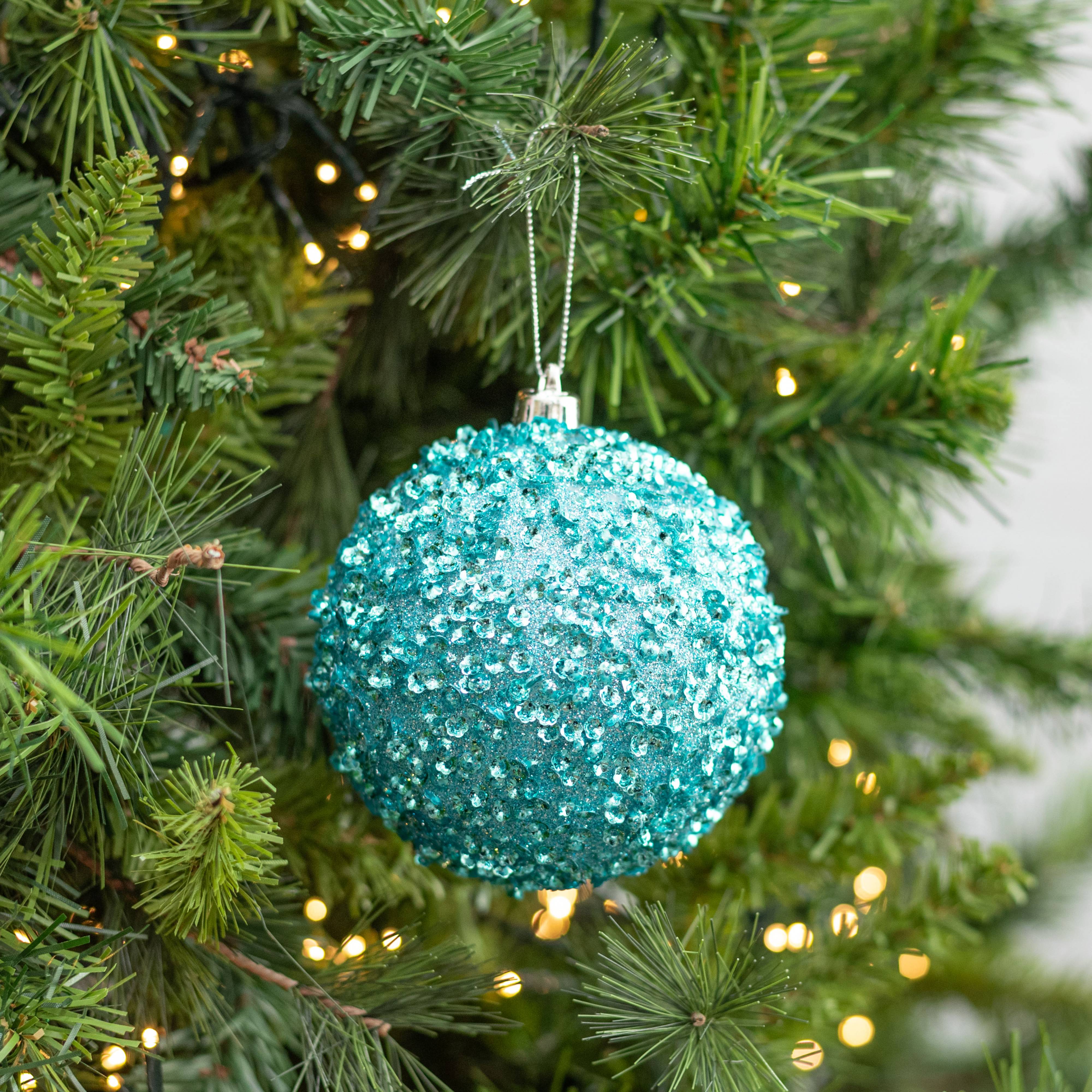 100mm Sequin & Glitter Ball Ornaments: Ice Blue (Box of 4) Lifestyle Photo