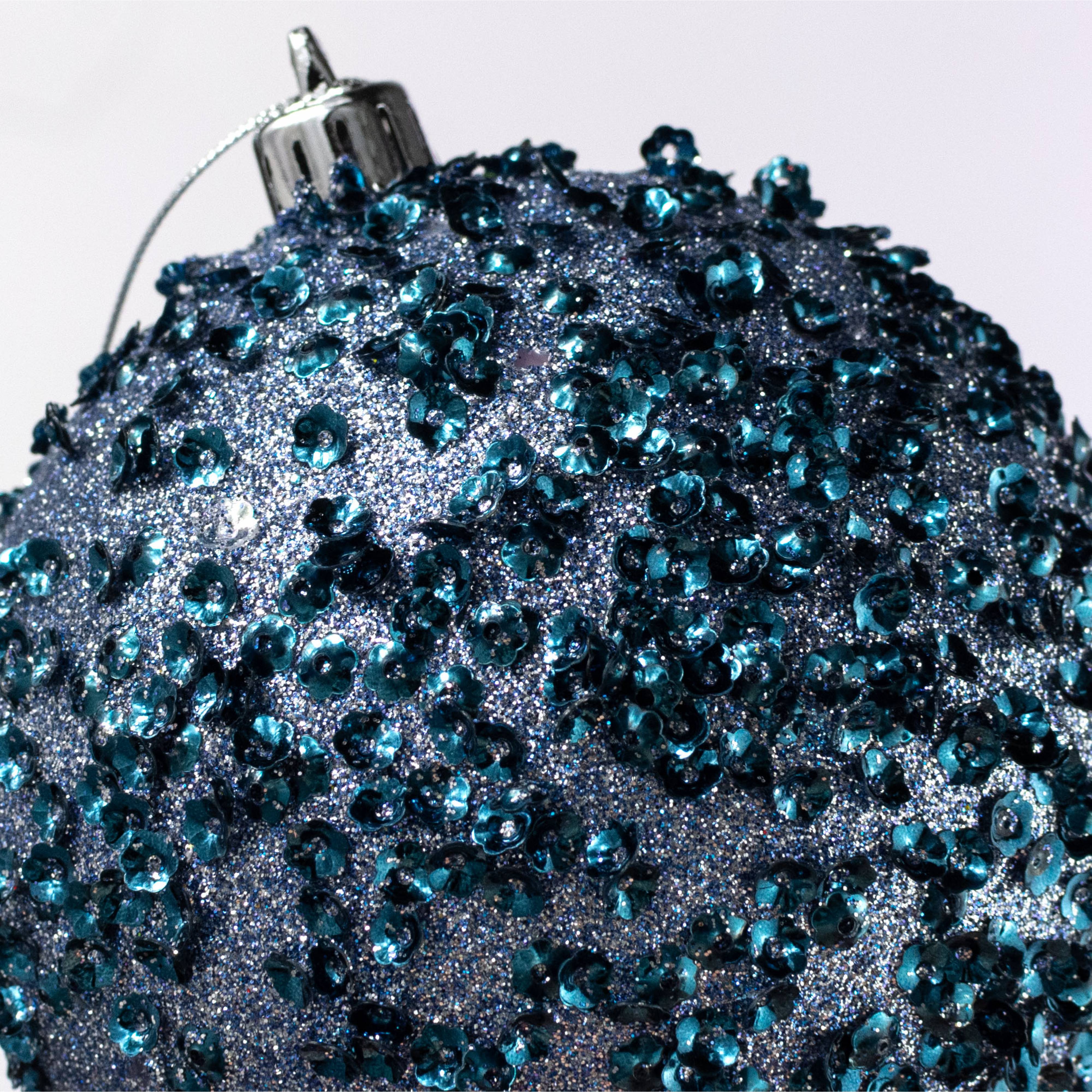 100mm Sequin & Glitter Ball Ornaments: Smoke Blue (Box of 4) detail photo 3