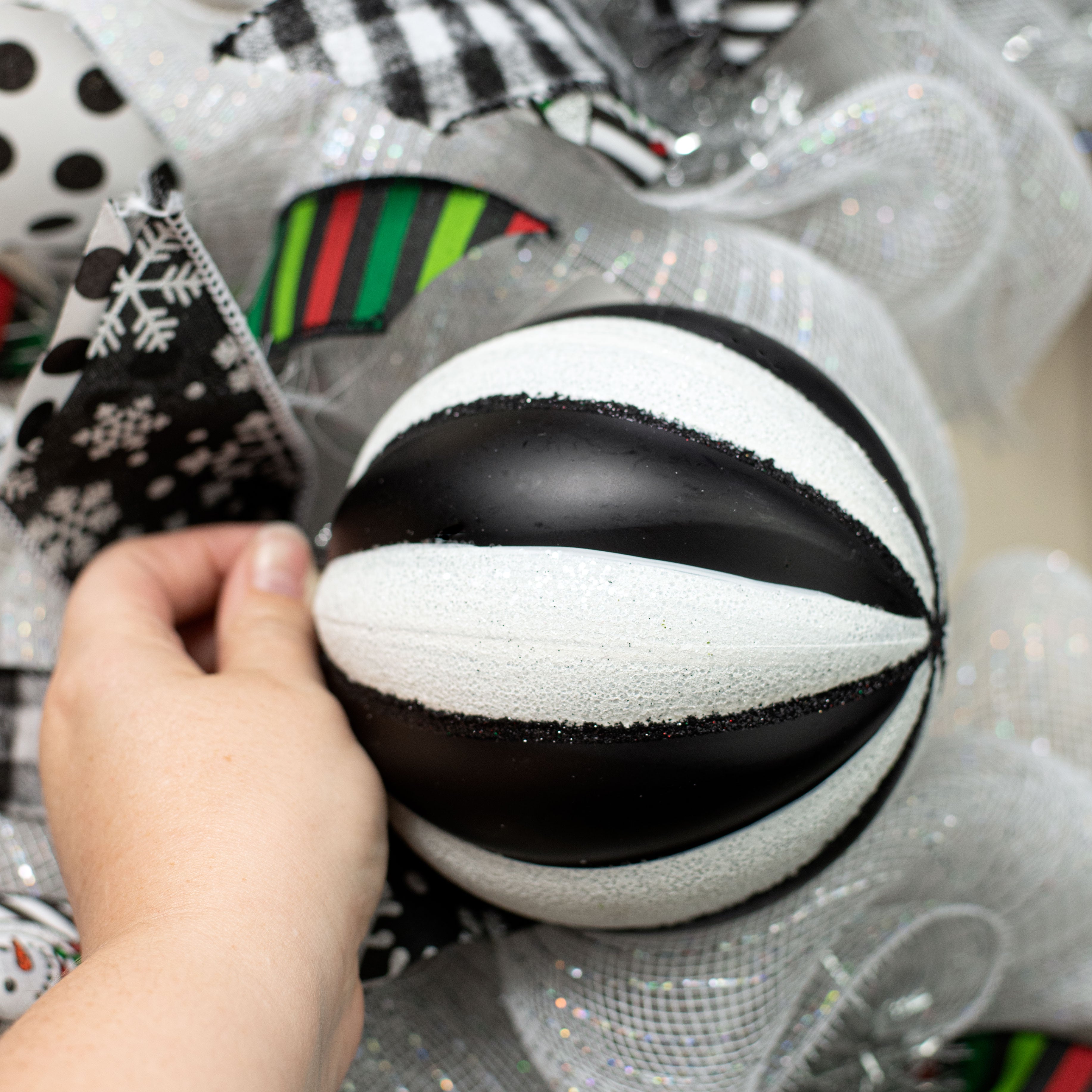 130MM Wide Vertical Stripe Ball Ornament: Black & White Lifestyle Photo