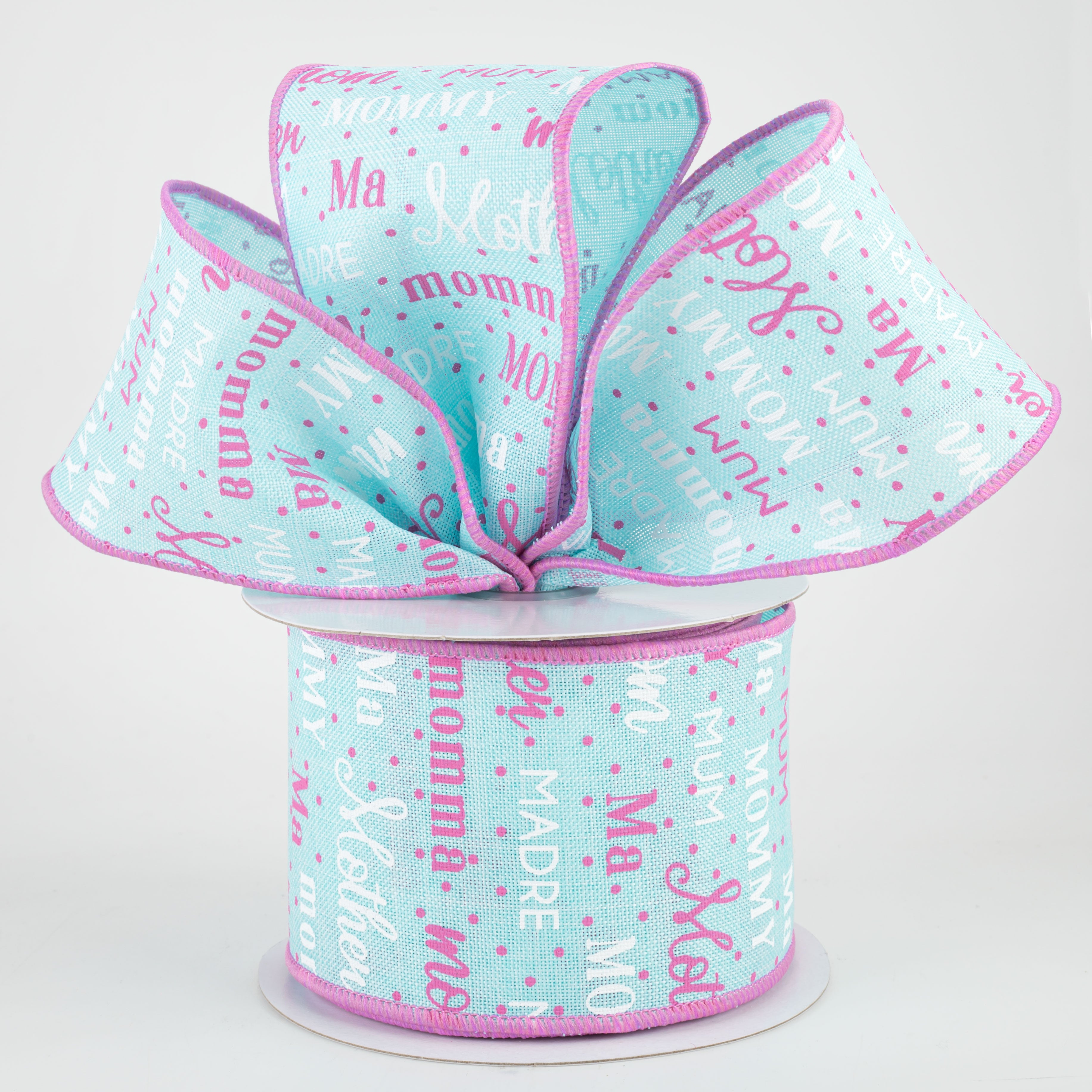 2.5" Mom Pattern Ribbon: Ice Blue, White, Pink (10 Yards) Lifestyle Photo