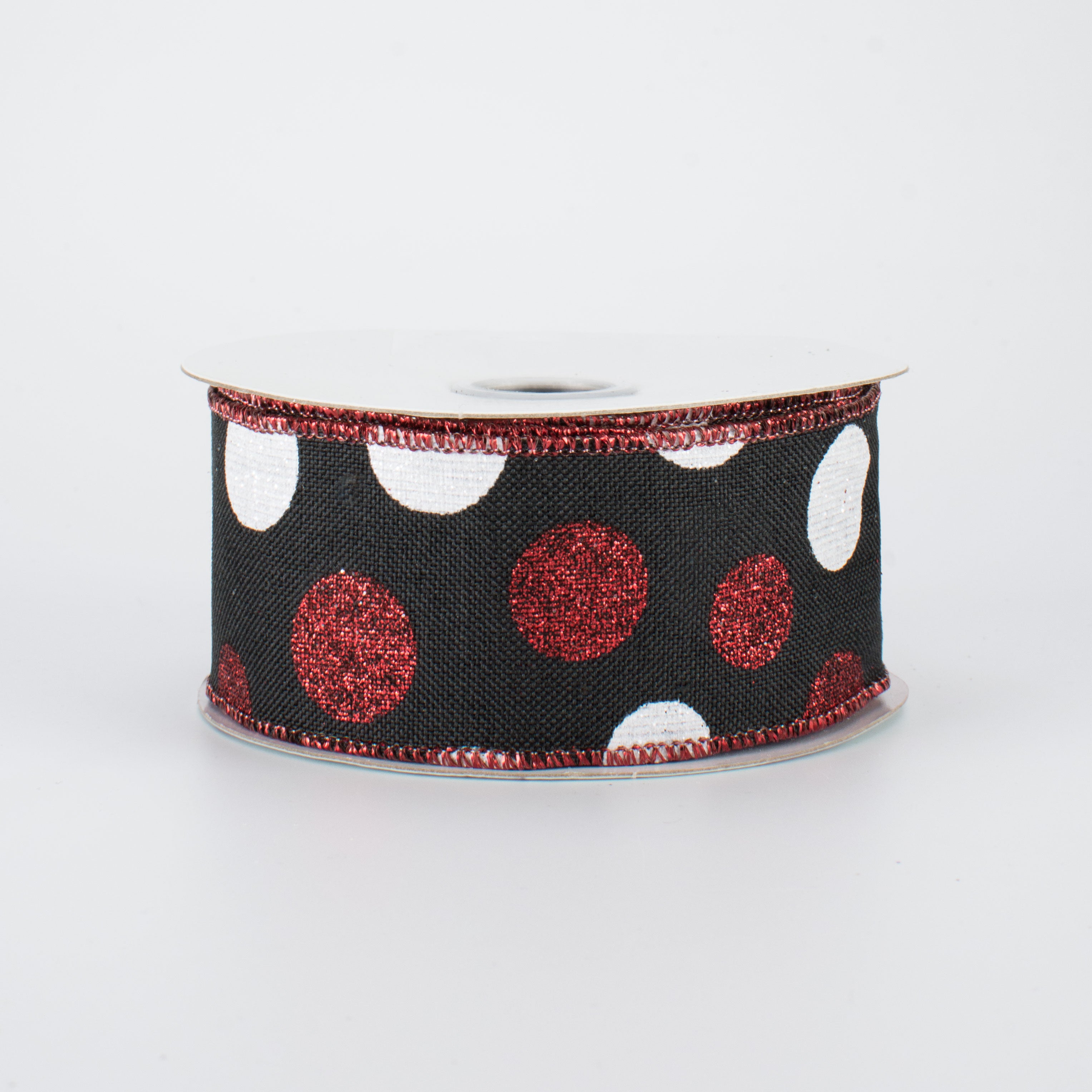 1.5" Multi Glitter Dots Ribbon: Black, Red, White (10 Yards)