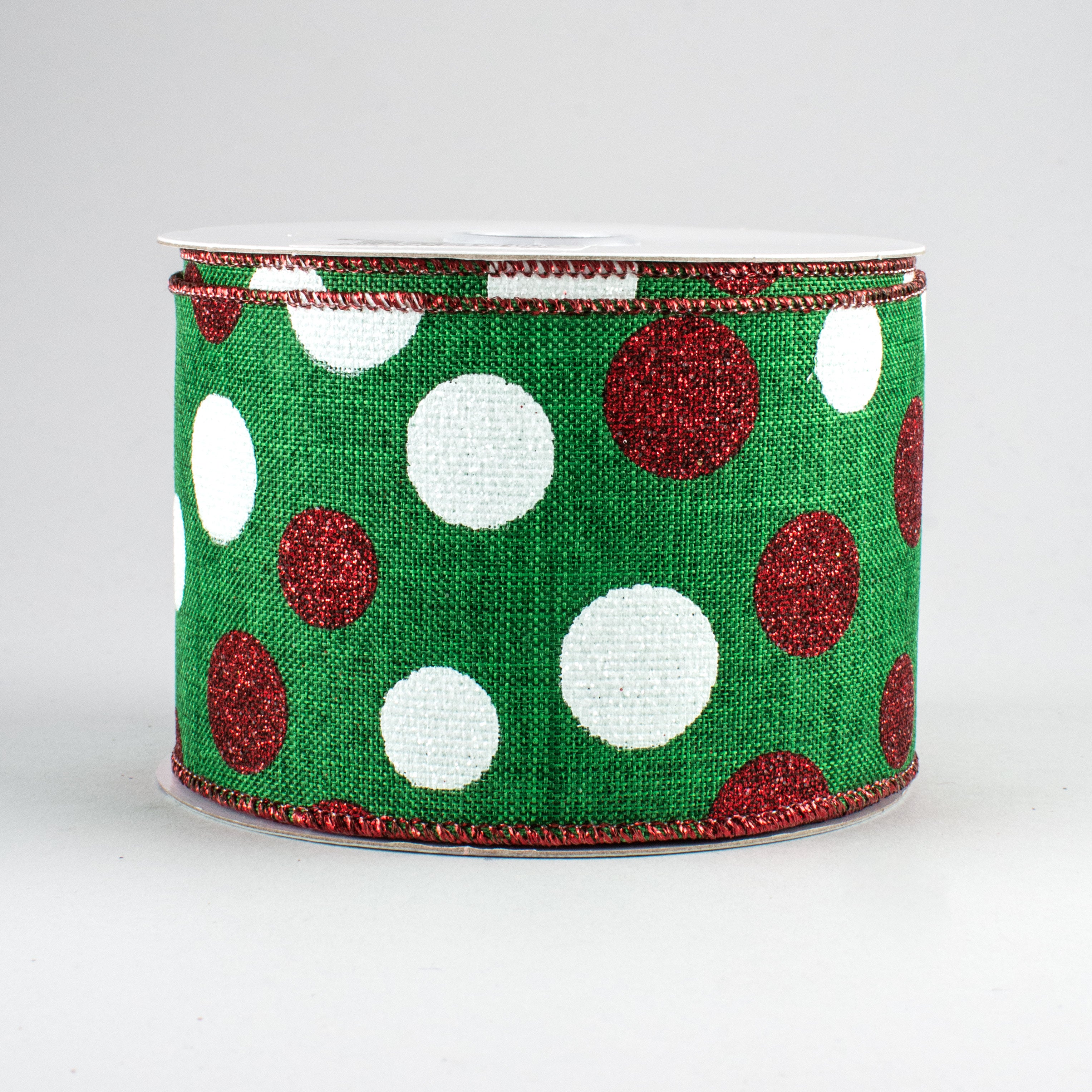 2.5" Multi Glitter Dots Ribbon: Emerald, Red, White (10 Yards)