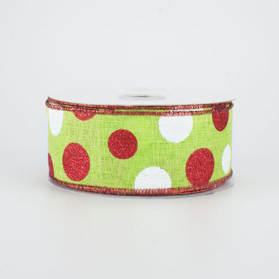 1.5" Multi Glitter Dots Ribbon: Lime, Red, White (10 Yards)