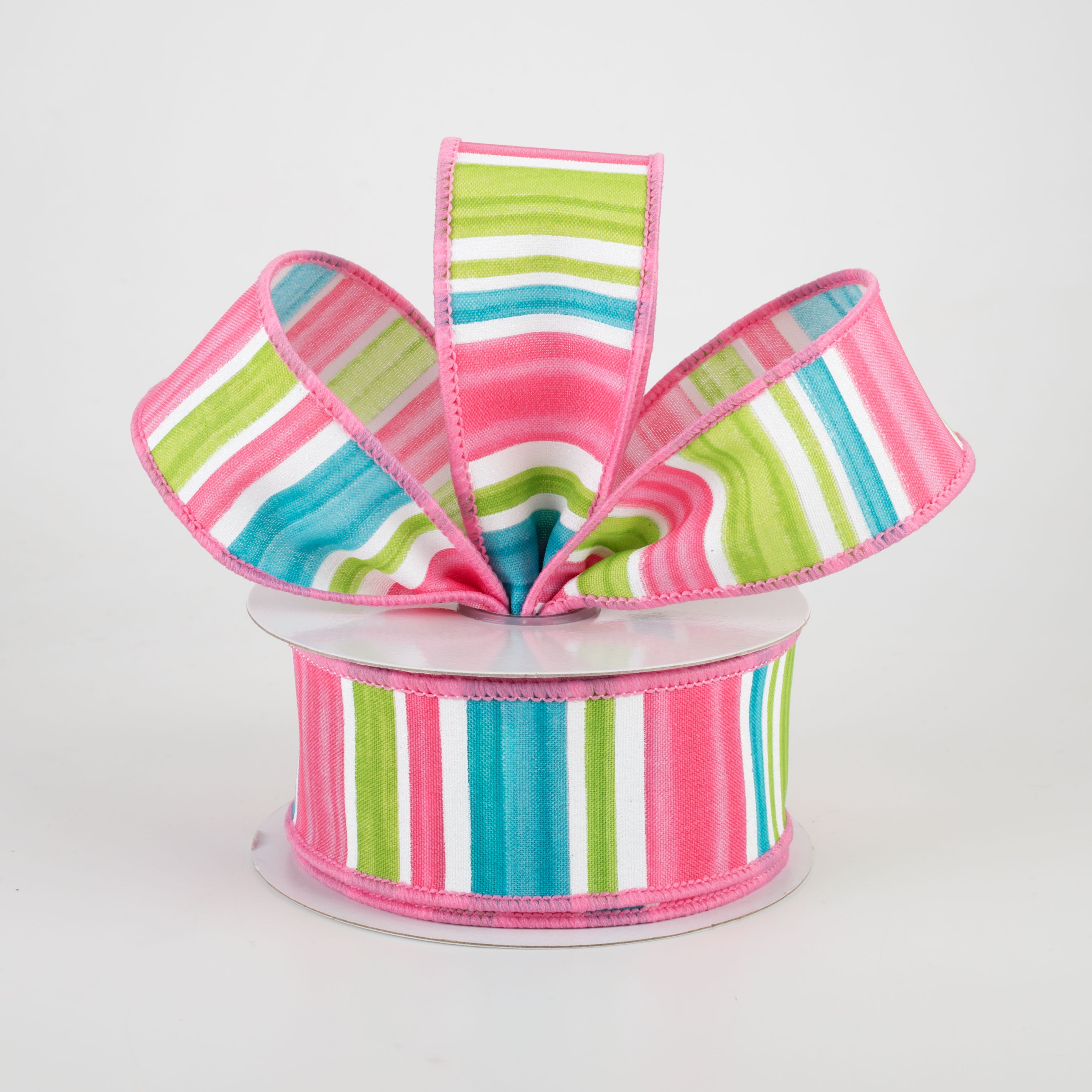 1.5" Multi Width Horizontal Stripe Ribbon: Pink, Ice Blue, Green (10 Yards) Lifestyle Photo