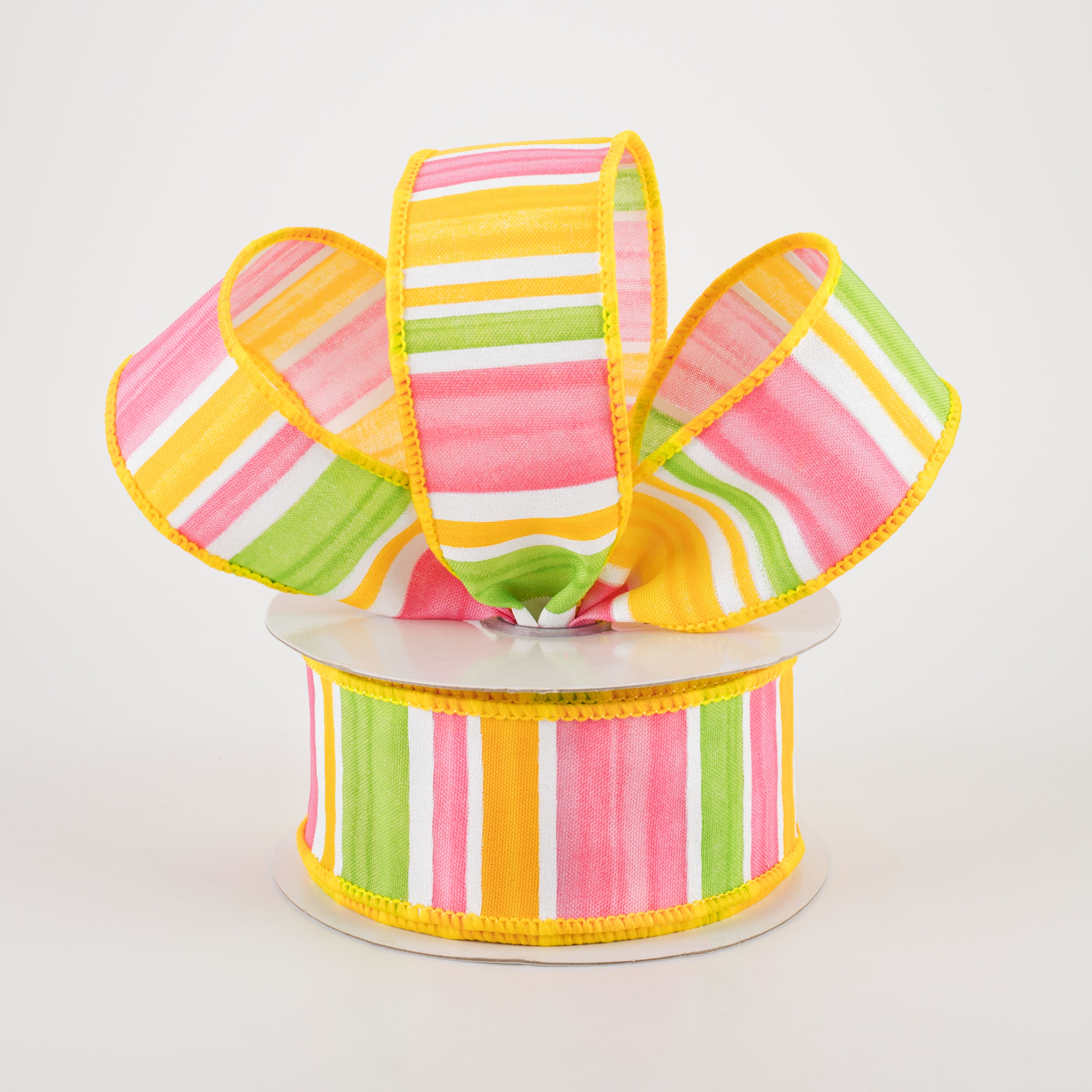 1.5" Multi Width Horizontal Stripe Ribbon: White, Green, Pink, Yellow (10 Yards) Lifestyle Photo