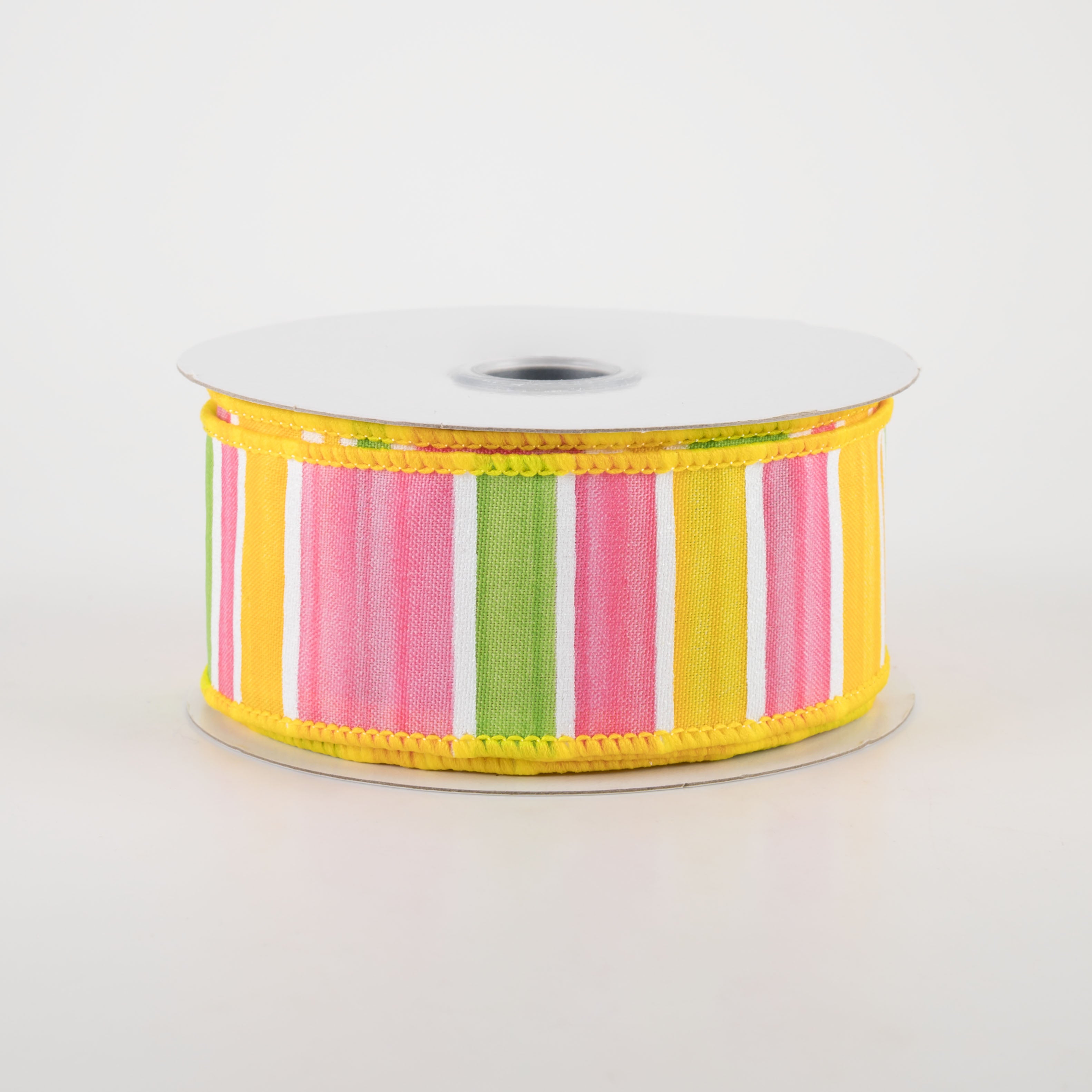 1.5" Multi Width Horizontal Stripe Ribbon: White, Green, Pink, Yellow (10 Yards)