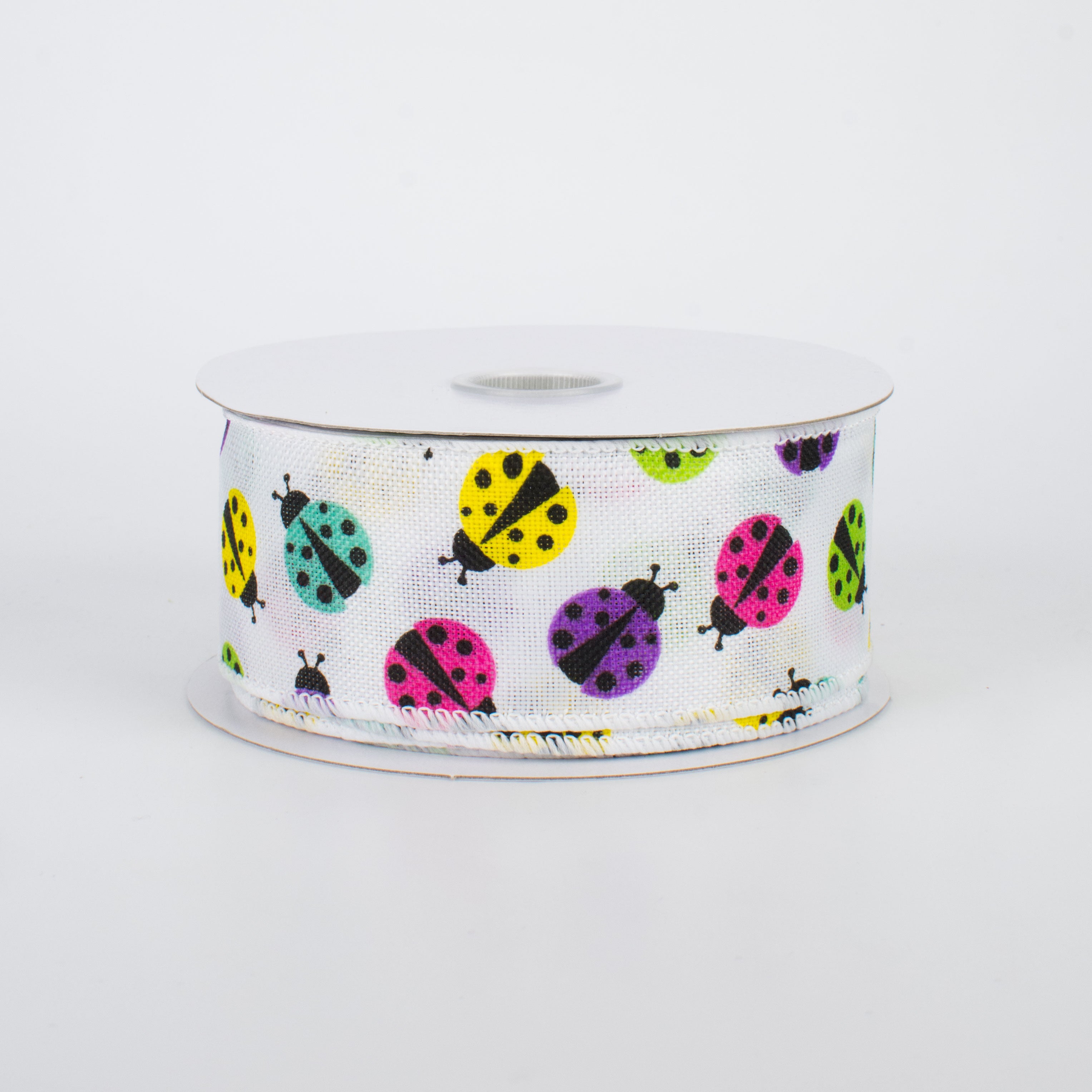 1.5" Multicolored Ladybug Ribbon: White (10 Yards)