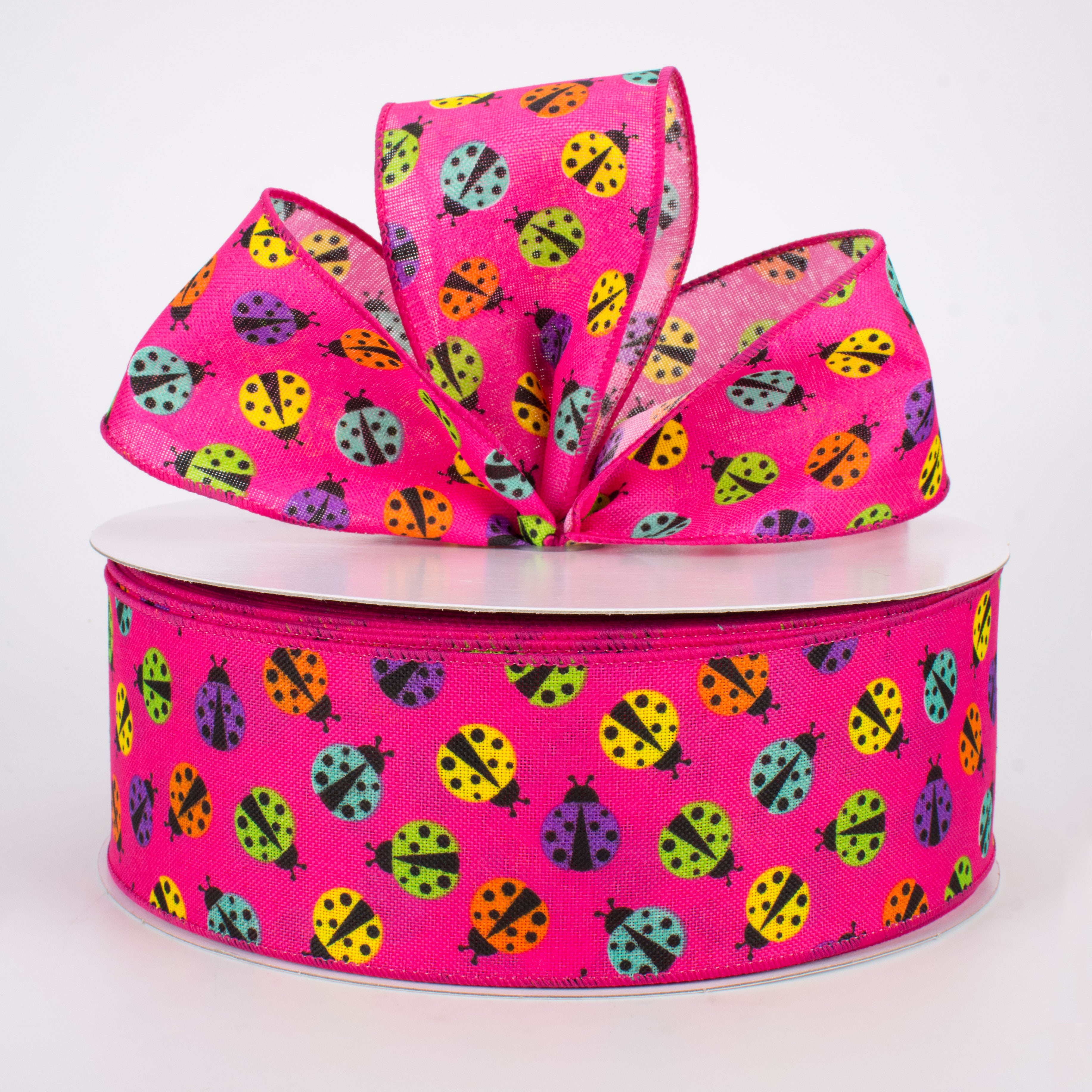 2.5" Multicolored Ladybugs Ribbon: Pink (50 Yards) Lifestyle Photo