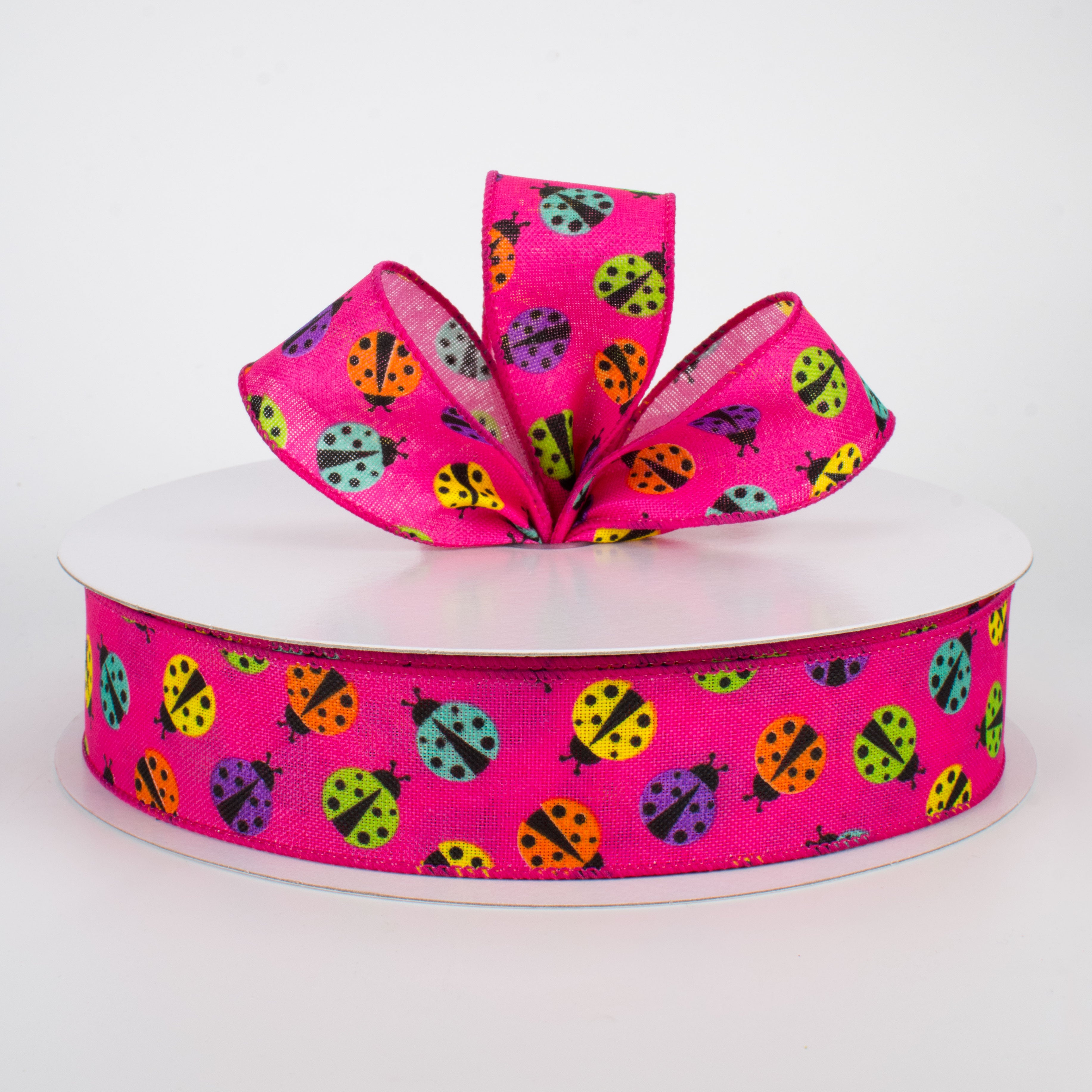 1.5" Multicolored Ladybugs Ribbon: Pink (50 Yards) Lifestyle Photo