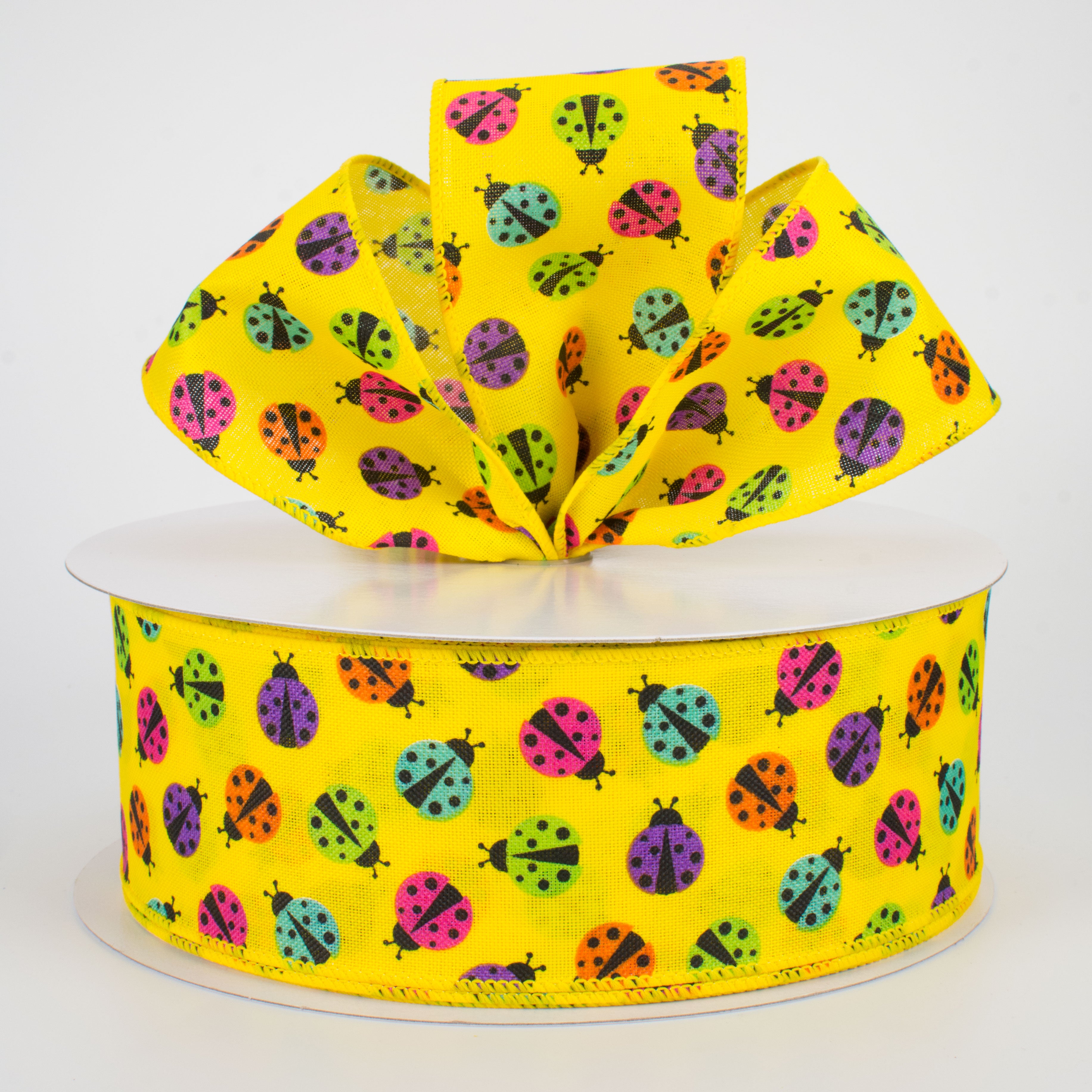 2.5" Multicolored Ladybugs Ribbon: Yellow (50 Yards) Lifestyle Photo