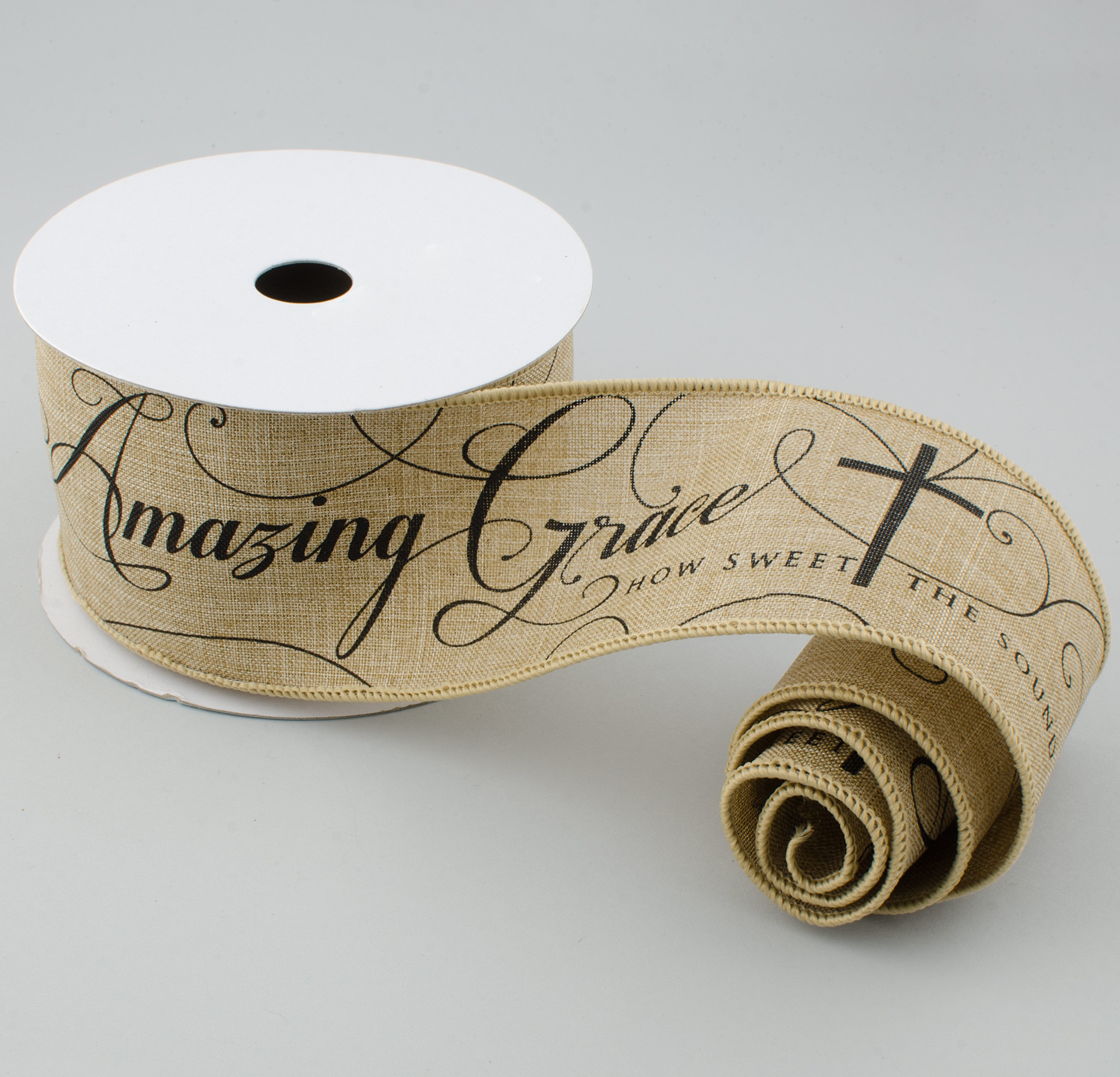 2.5" Natural Canvas Amazing Grace Ribbon: Beige & Black (10 Yards) Lifestyle Photo