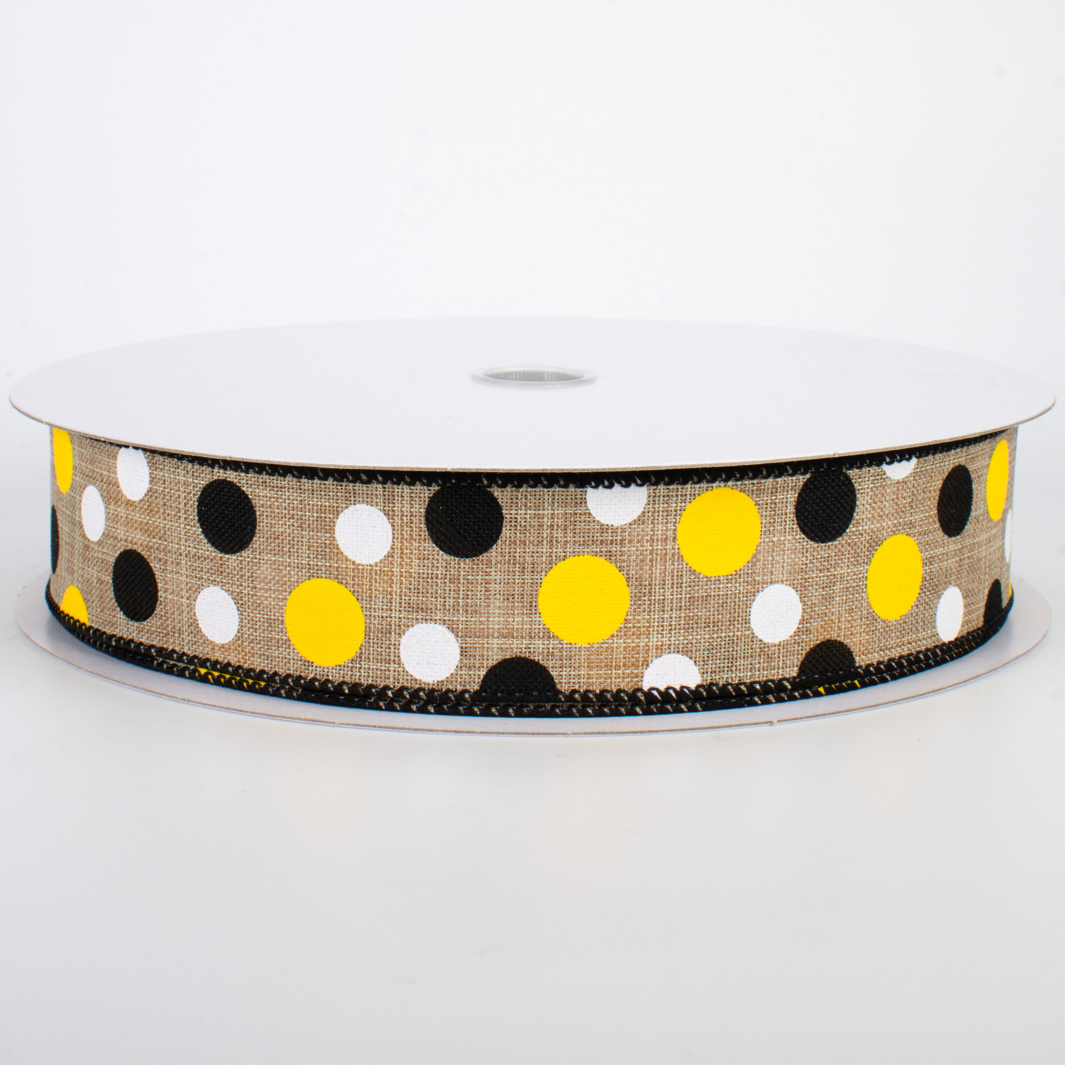 1.5" Natural Canvas Ribbon: Black, Yellow, White Dots (50 Yards)