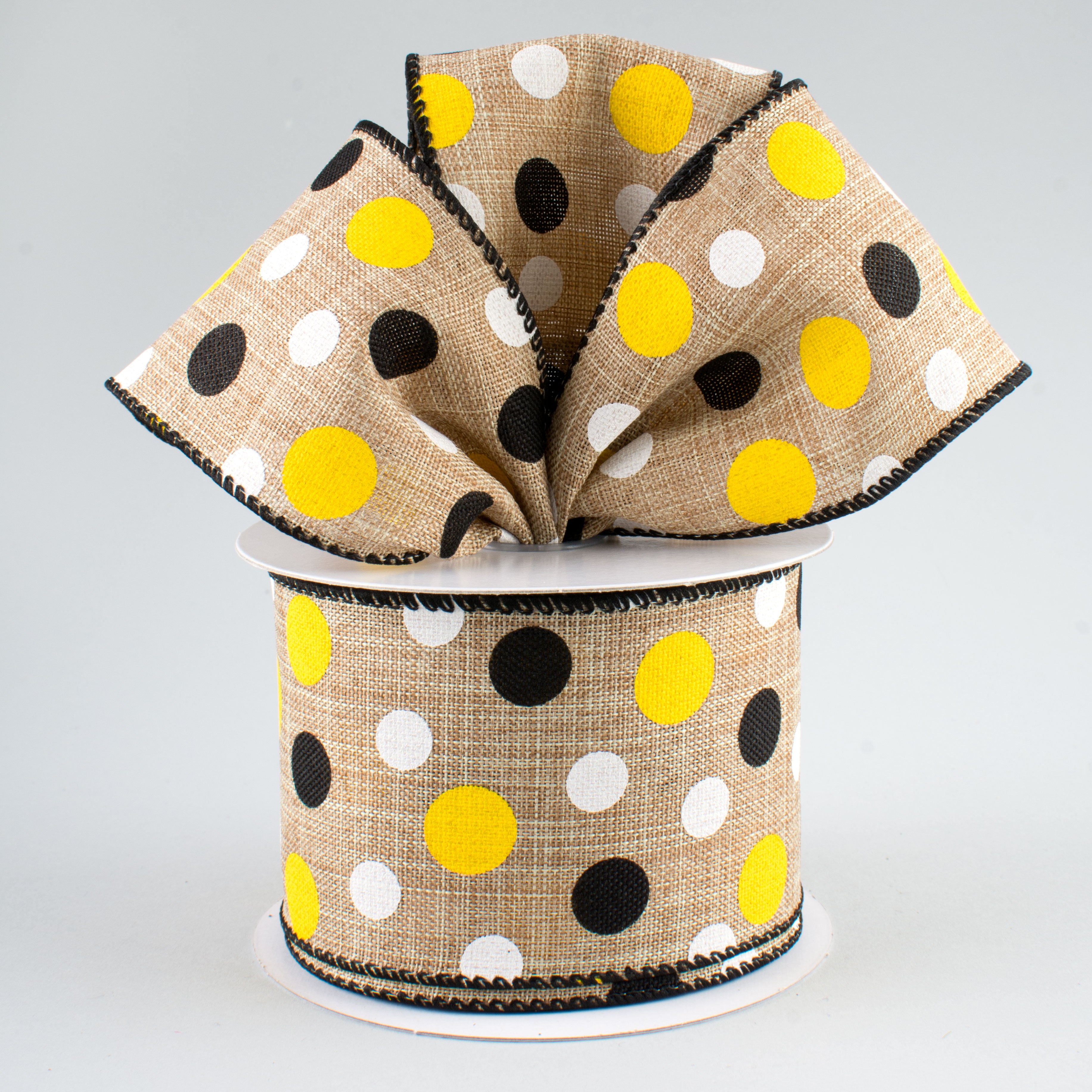 2.5" Natural Canvas Ribbon: Black, Yellow, White Dots (10 Yards) Lifestyle Photo