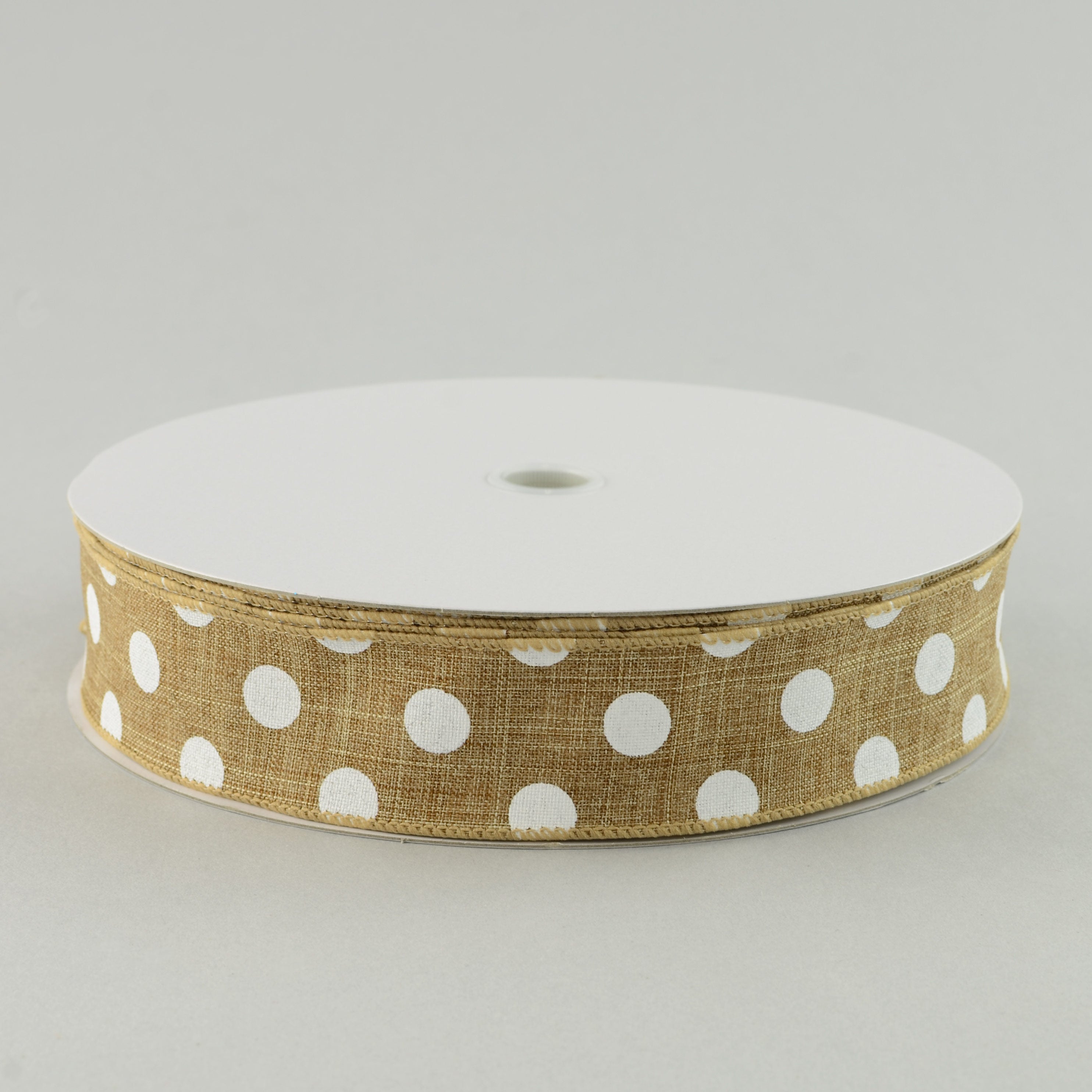 1.5" Natural Canvas Ribbon With White Polka Dots (50 Yards)