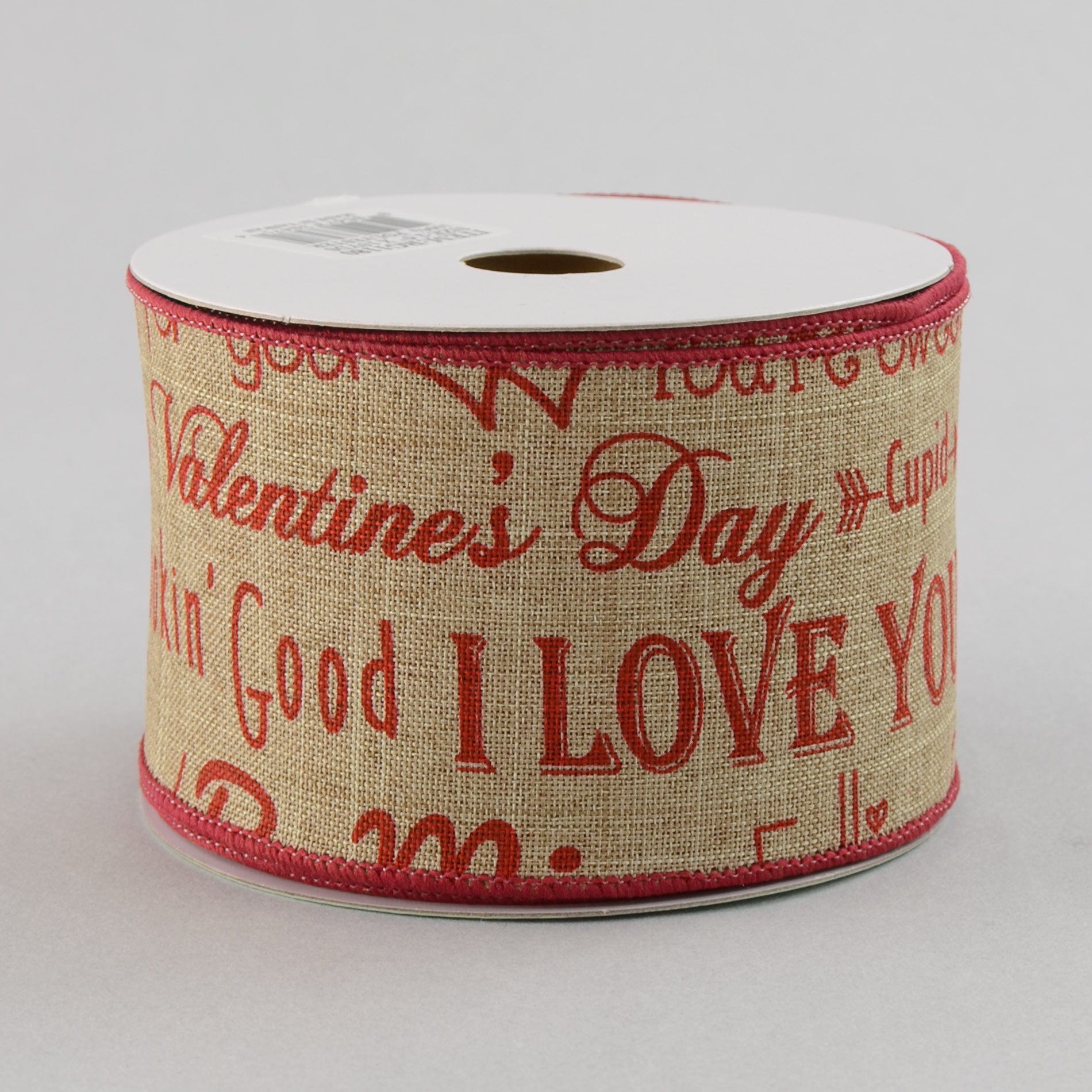 2.5" Natural Canvas Valentine Print Ribbon: Red & Natural (10 Yards)