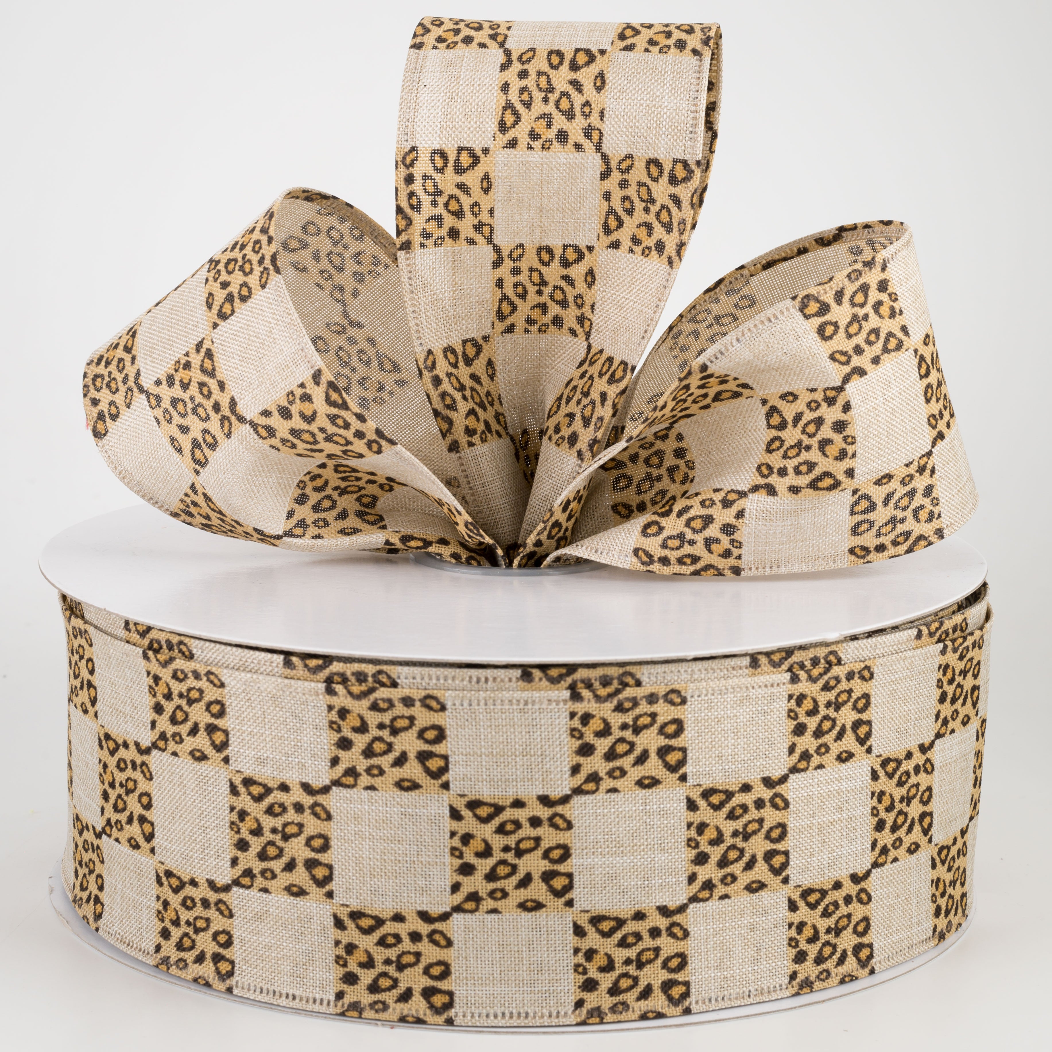 2.5" Natural Linen Cheetah Check Ribbon (50 Yards) Lifestyle Photo