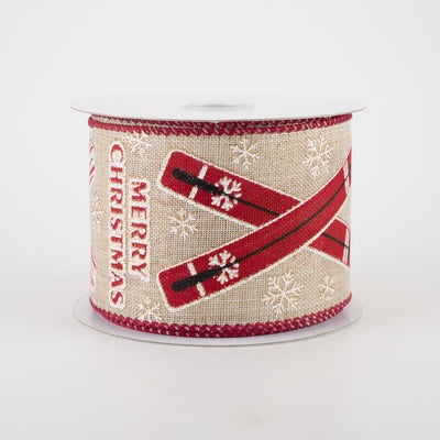 2.5" Natural Linen Merry Christmas Crossed Skis Ribbon (10 Yards) Item Number: 71138-40-10