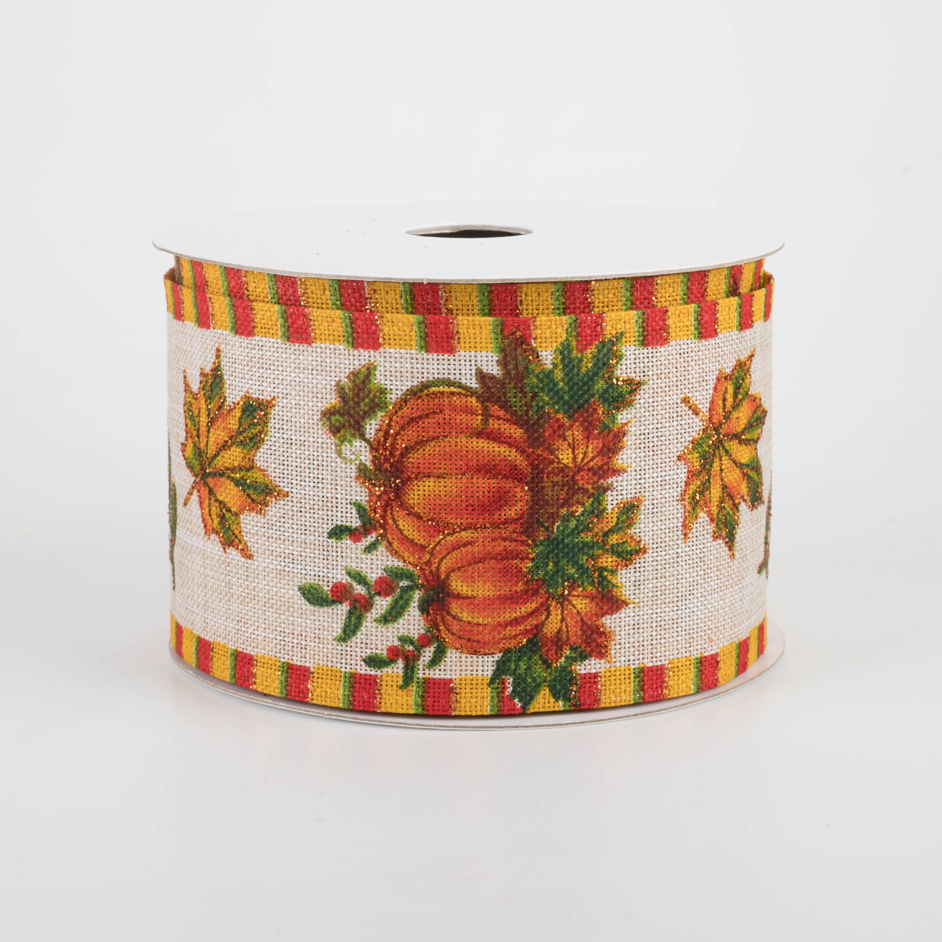 2.5" Natural Linen Pumpkin & Fall Foilage Ribbon With Dashed Edge (10 Yards)
