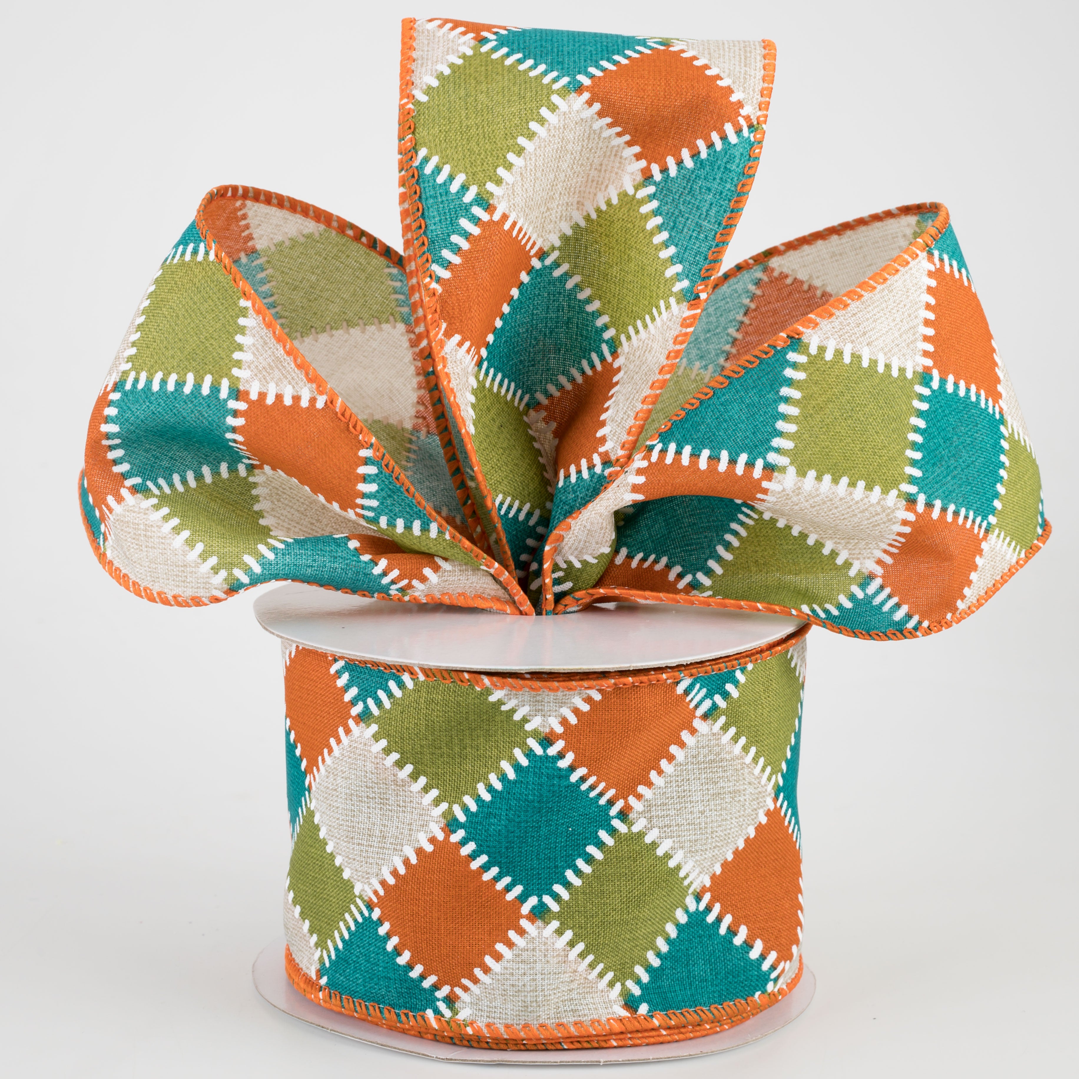 2.5" Natural Stitch Check Ribbon: Teal, Moss, Orange (10 Yards) Lifestyle Photo