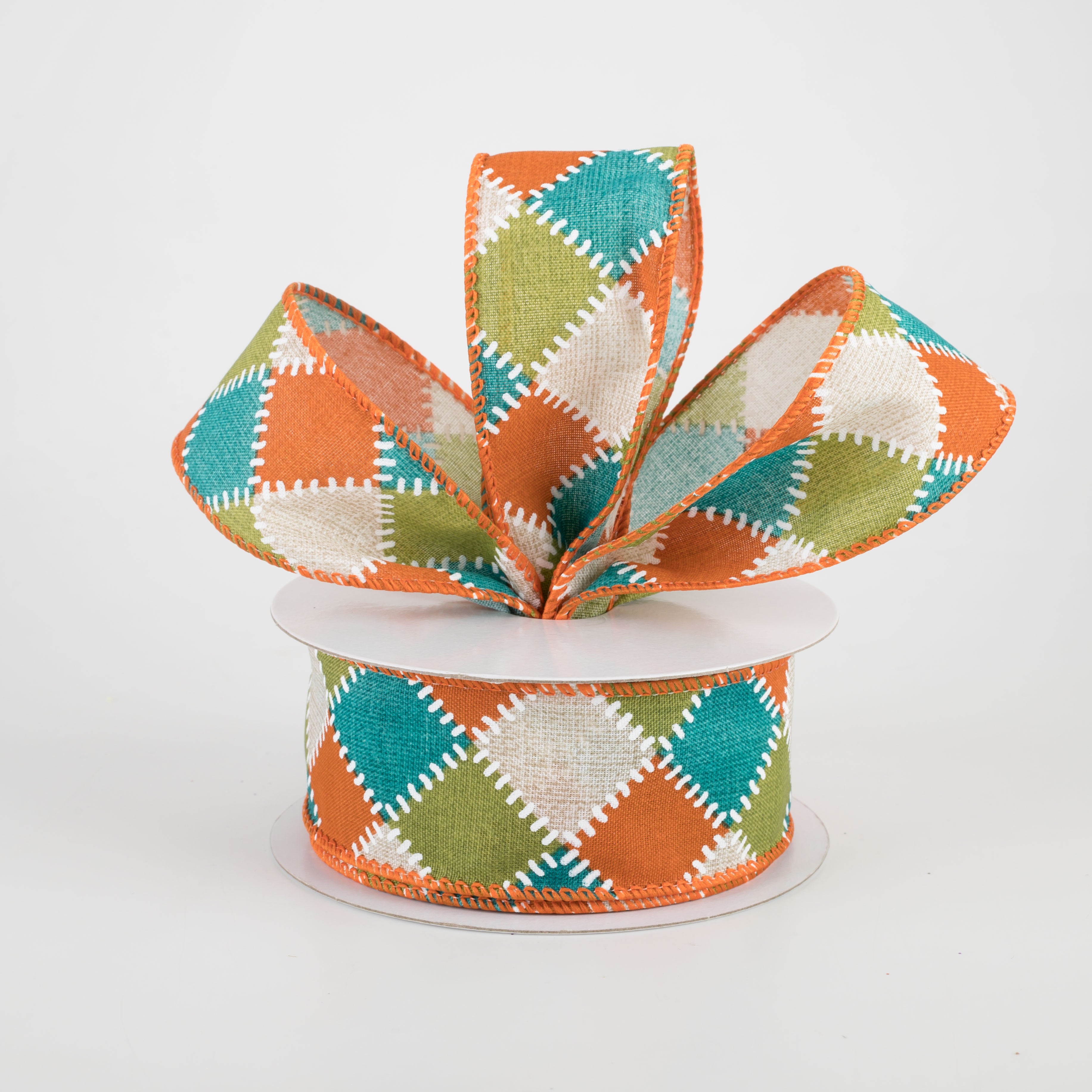 1.5" Natural Stitch Check Ribbon: Teal, Moss, Orange (10 Yards) Lifestyle Photo