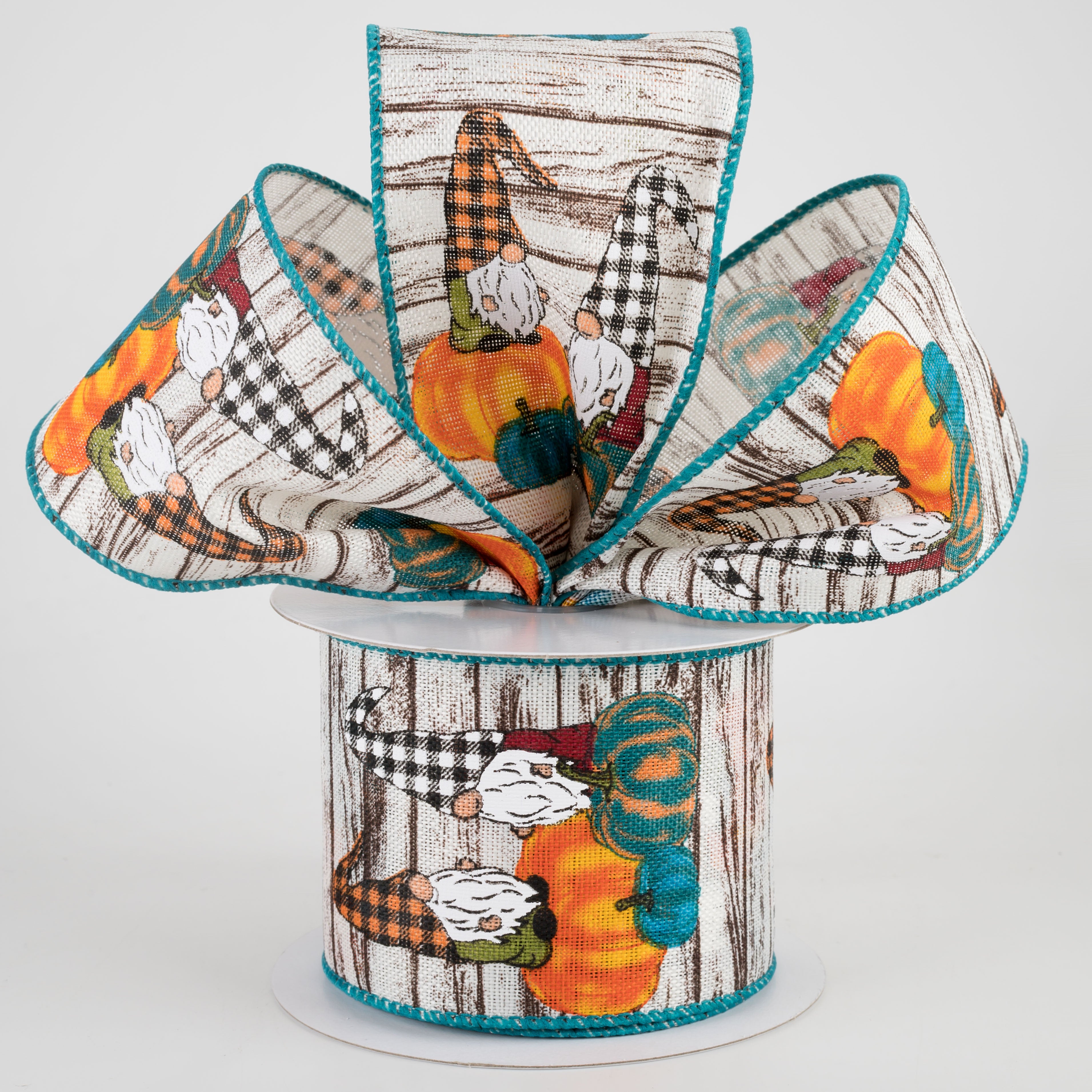 2.5" Natural Wood Textured Gnome Ribbon: Teal Pumpkins (10 Yards) Lifestyle Photo