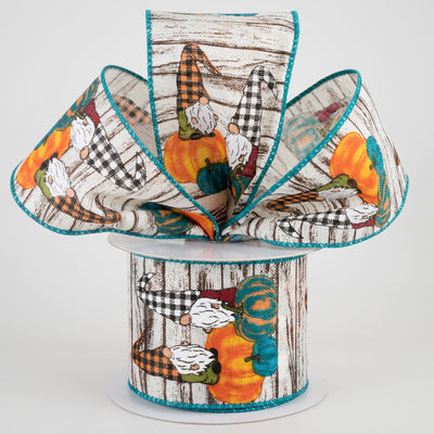 2.5" Natural Wood Textured Gnome Ribbon: Teal Pumpkins (10 Yards) Lifestyle Photo