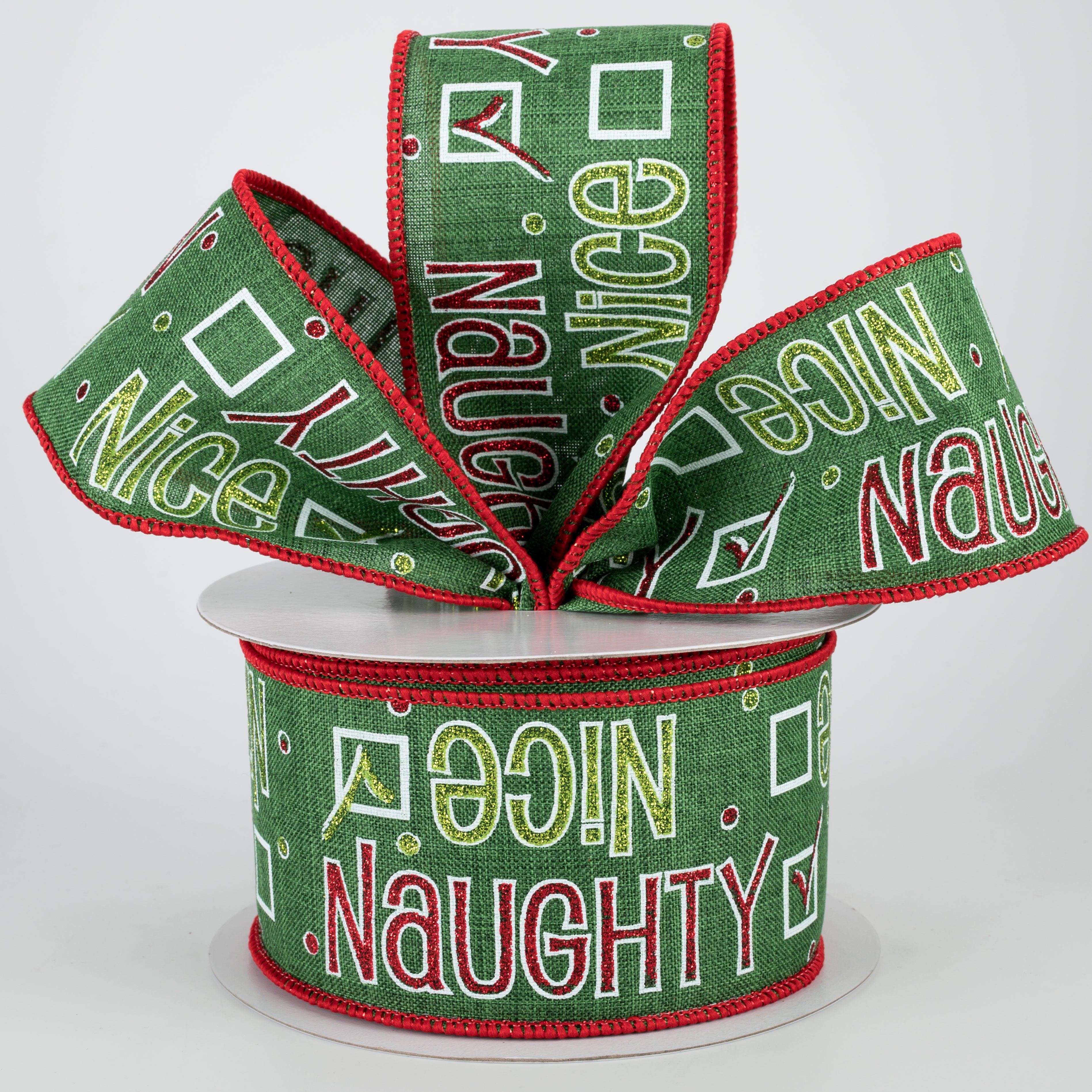 2.5" Naughty Or Nice Ribbon: Emerald, Green, Red, White (10 Yards) Lifestyle Photo