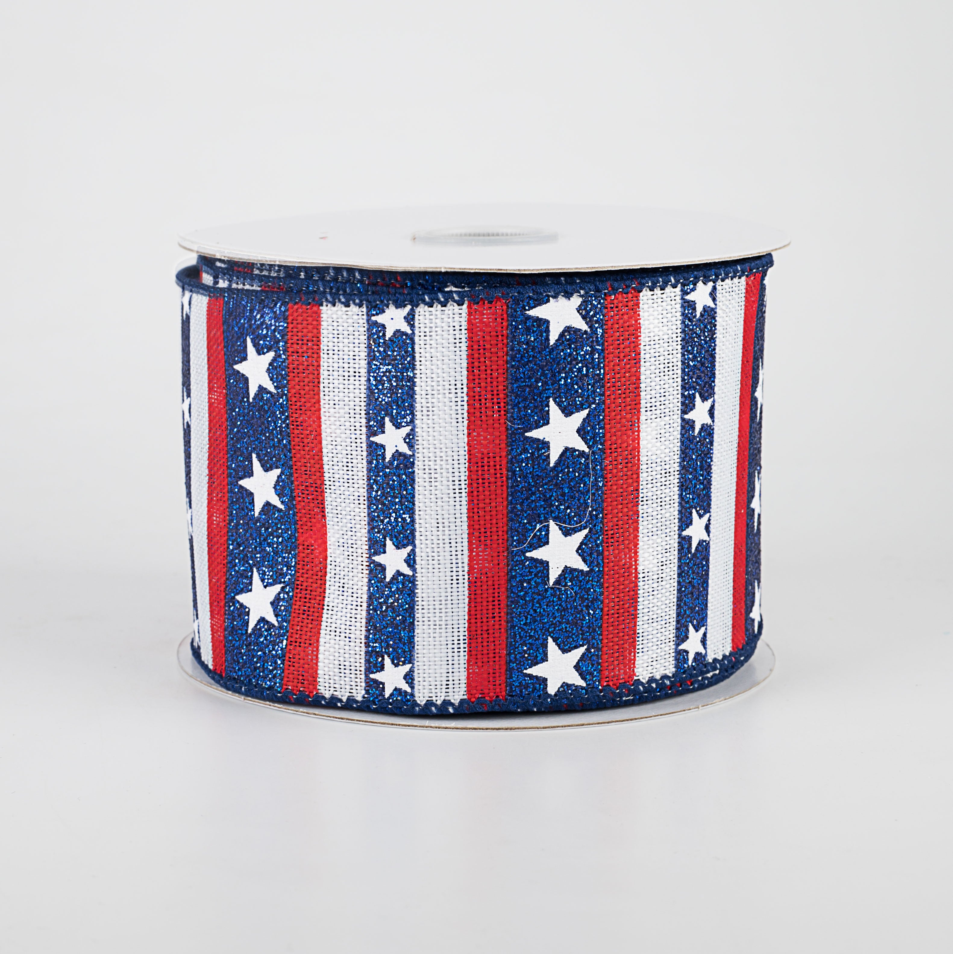 2.5" Navy Glitter Stripes With Stars Ribbon: White (10 Yards)