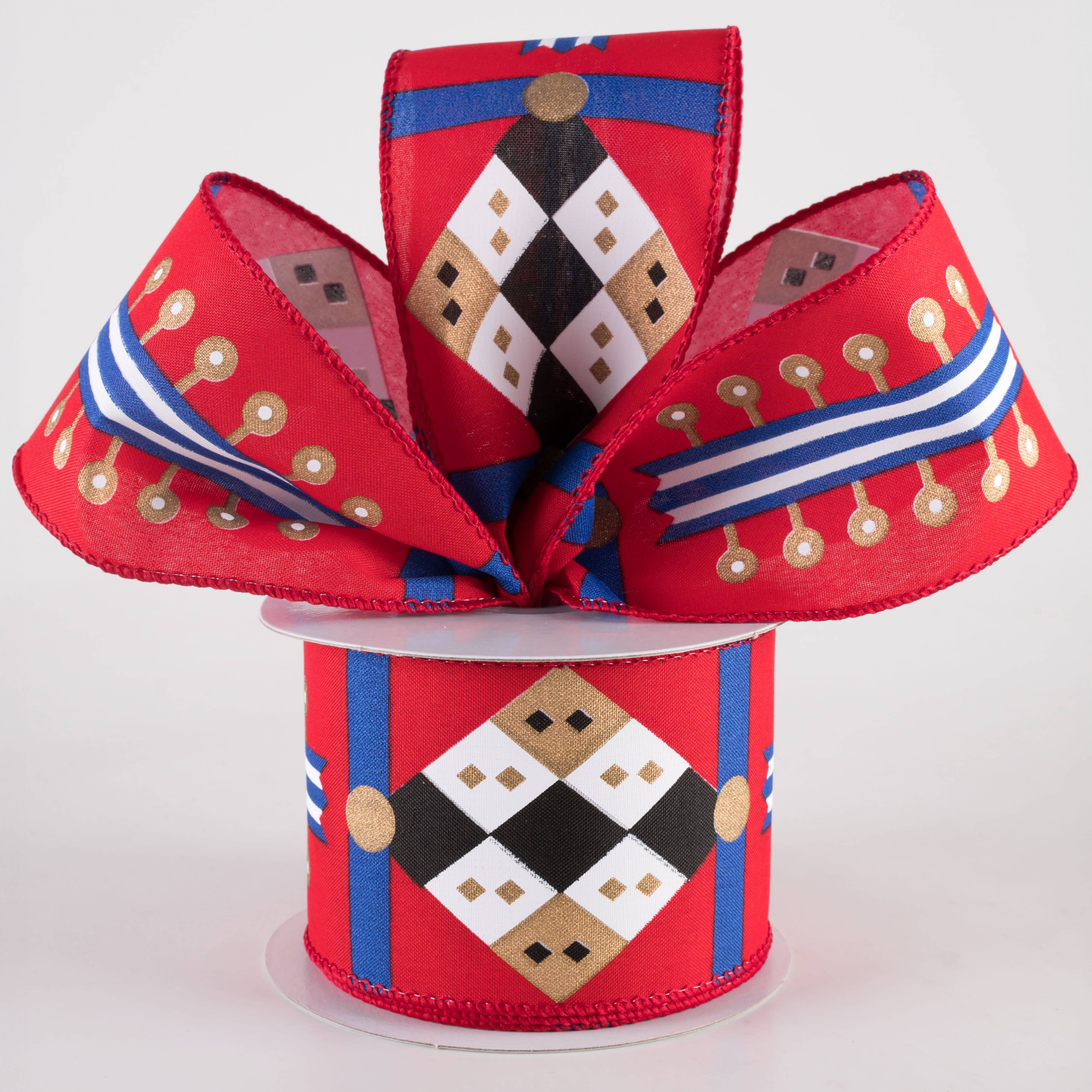 2.5" Nutcracker Stripes & Patterns Ribbon: Red & Blue (10 Yards) Lifestyle Photo