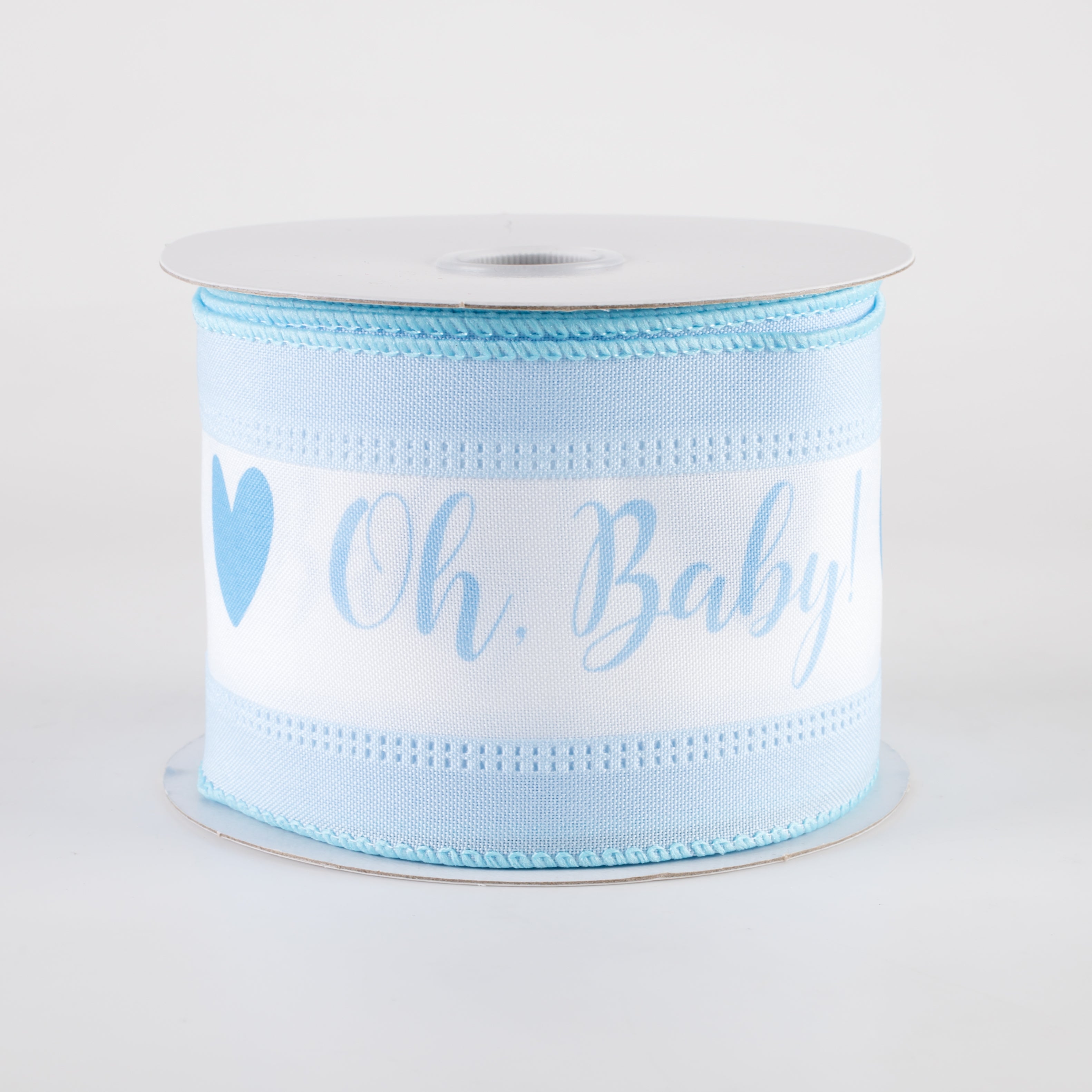 2.5" Oh, Baby! Heart Linen Edge Ribbon: White & Blue (10 Yards)