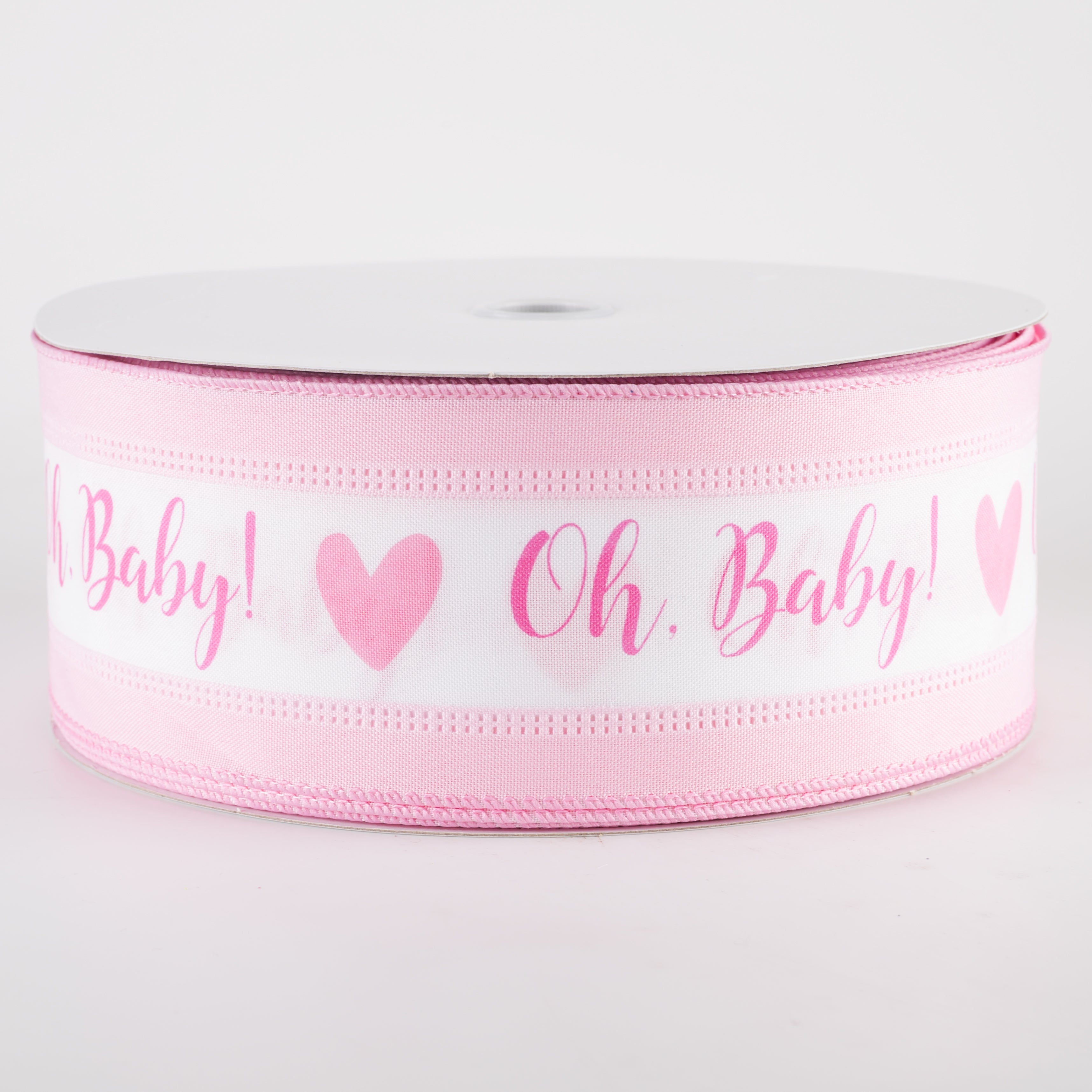 2.5" Oh, Baby! Heart Linen Edge Ribbon: White & Pink (50 Yards)