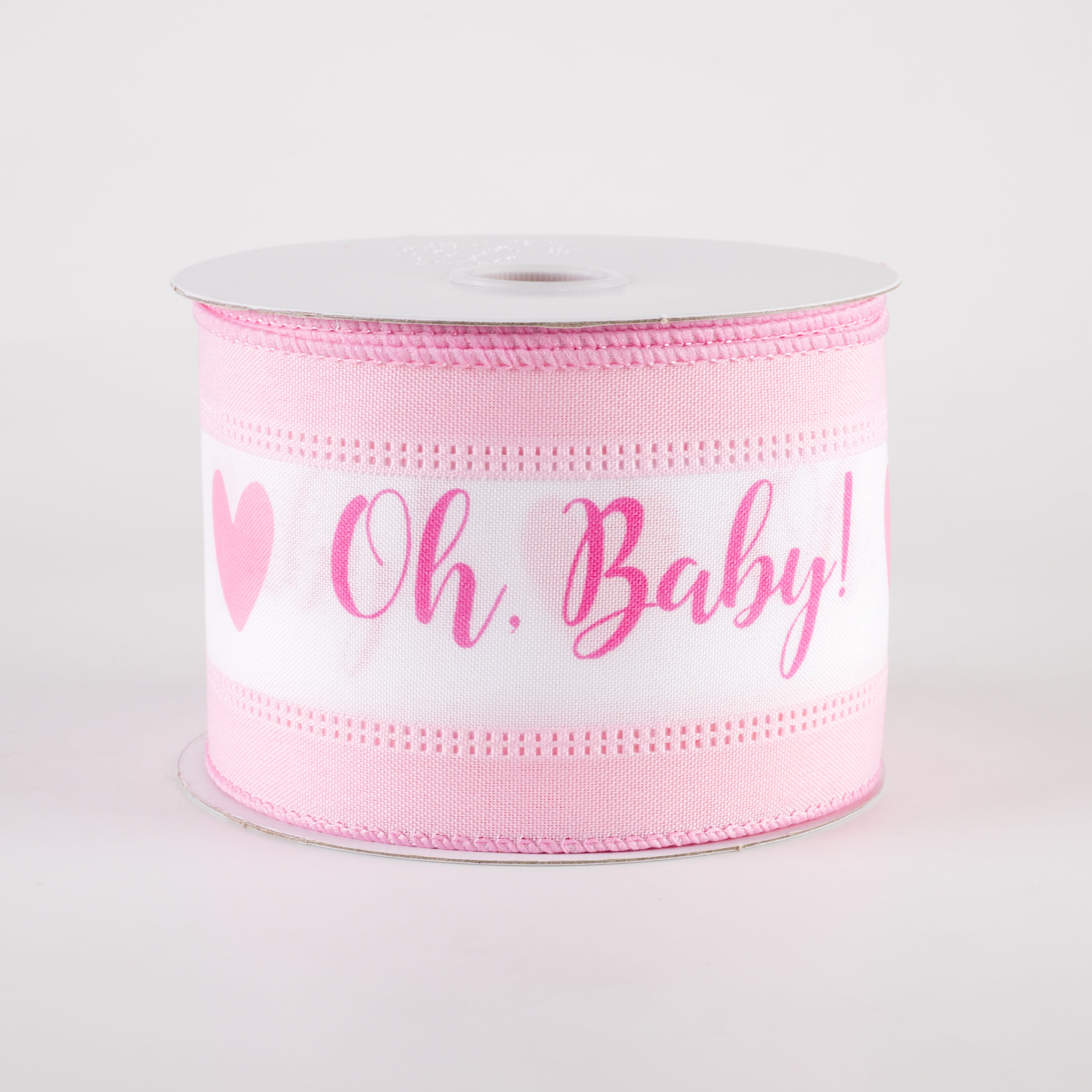 2.5" Oh, Baby! Heart Linen Edge Ribbon: White & Pink (10 Yards)