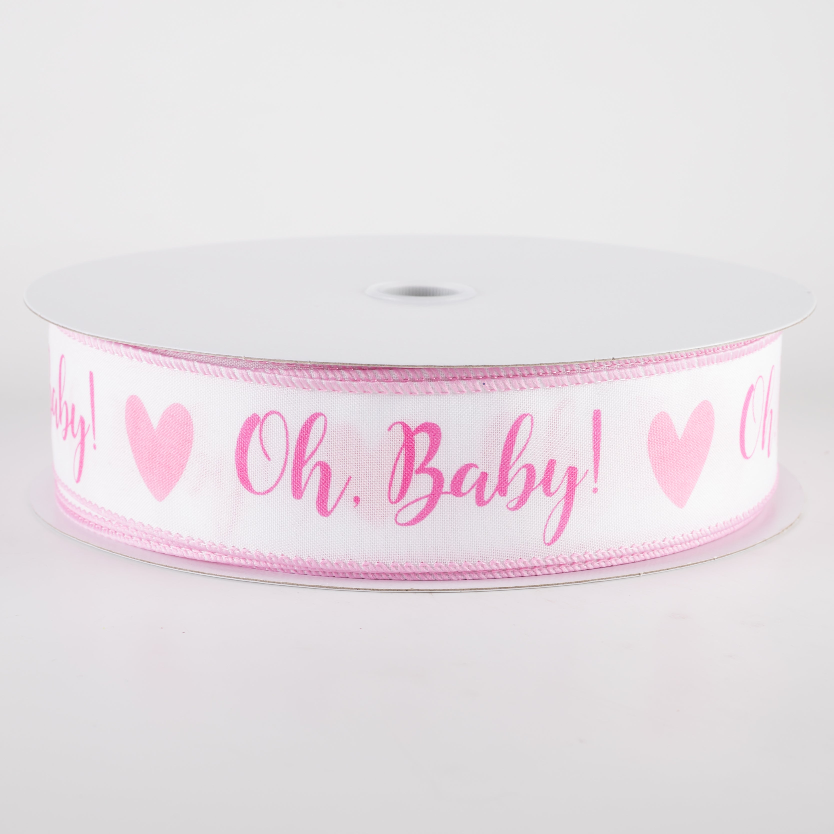 1.5" Oh, Baby! Heart Ribbon: White & Pink (50 Yards)