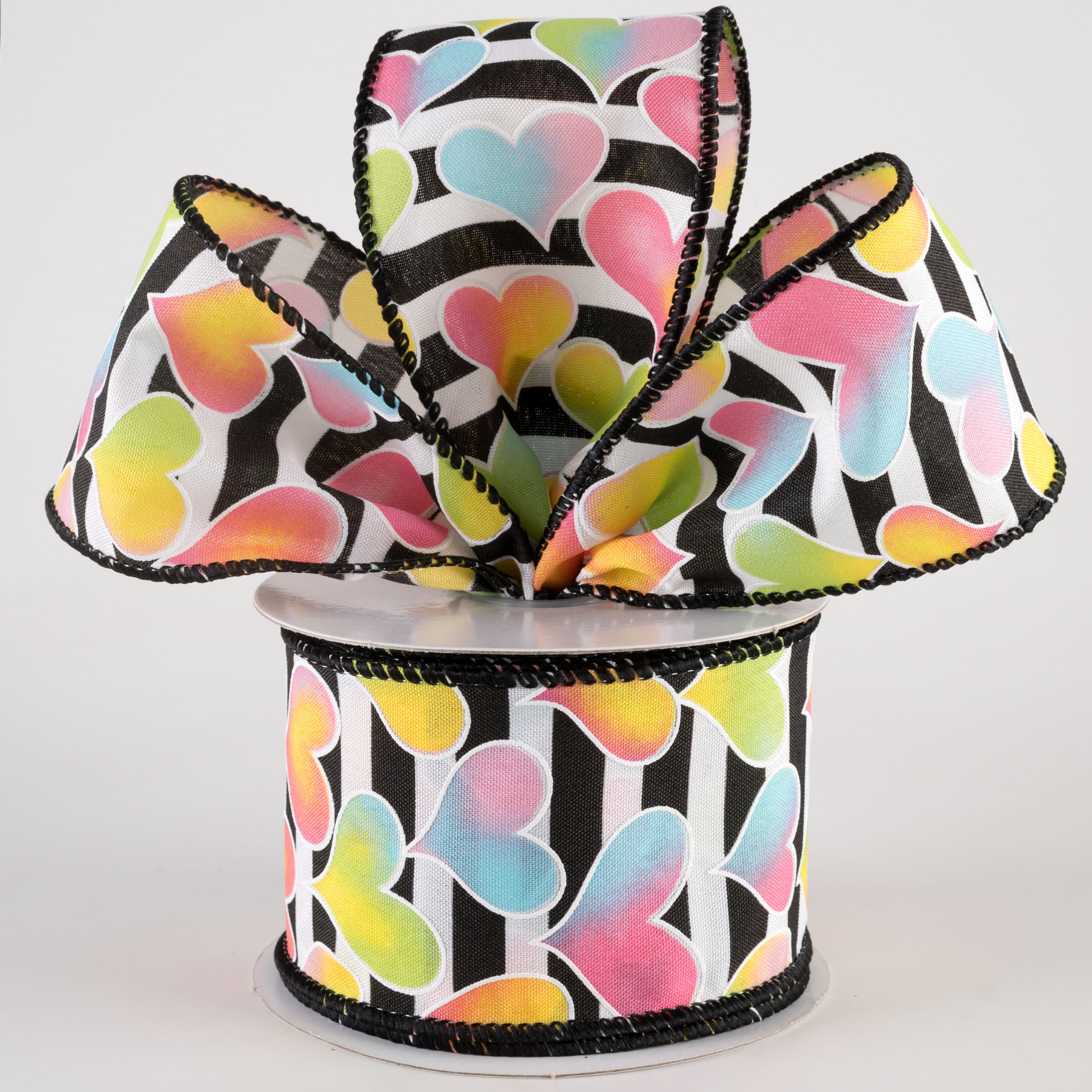 2.5" Ombré Hearts BW Satin Stripe Ribbon: Pink, Yellow, Blue, Green (10 Yards) Lifestyle Photo