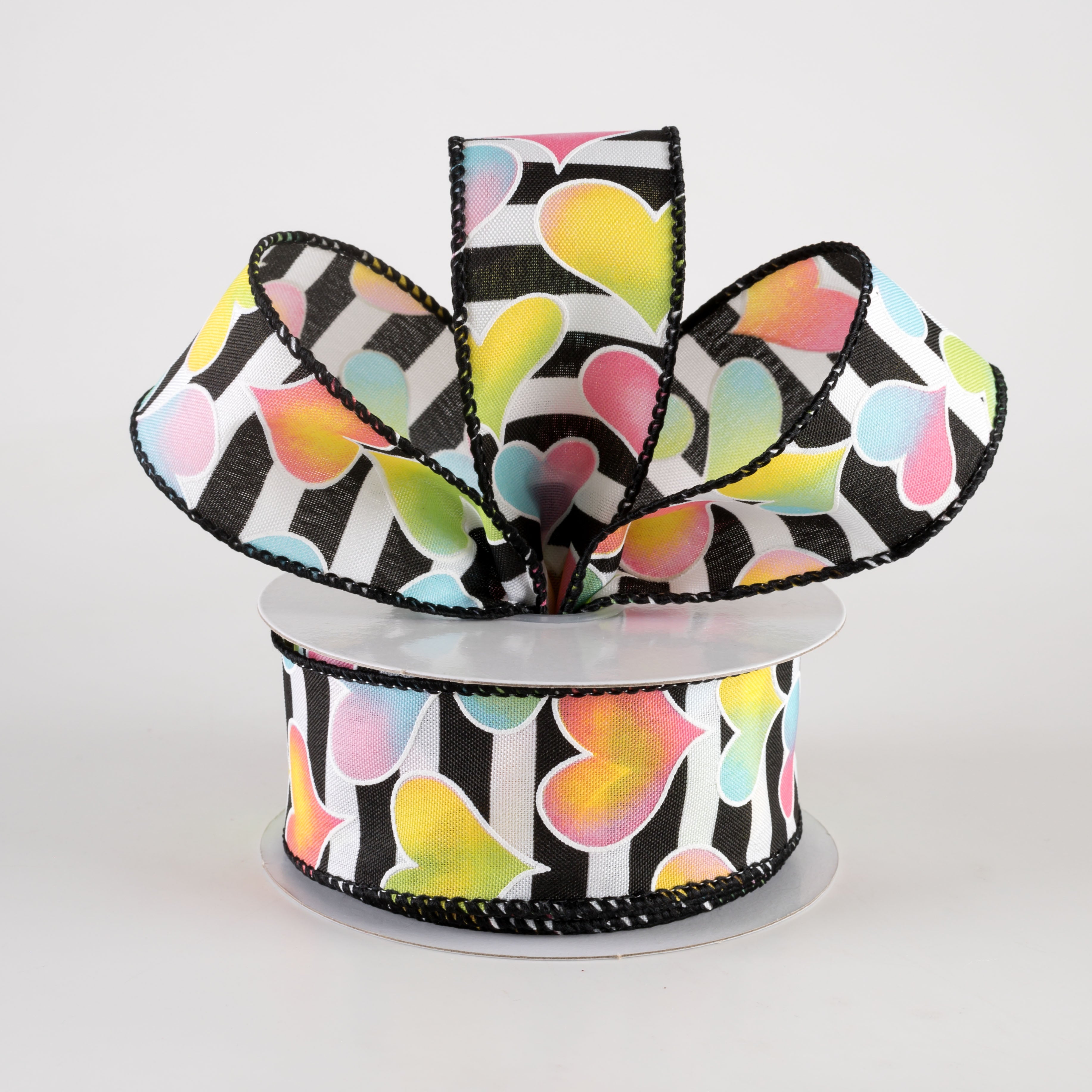 1.5" Ombré Hearts BW Satin Stripe Ribbon: Pink, Yellow, Blue, Green (10 Yards) Lifestyle Photo