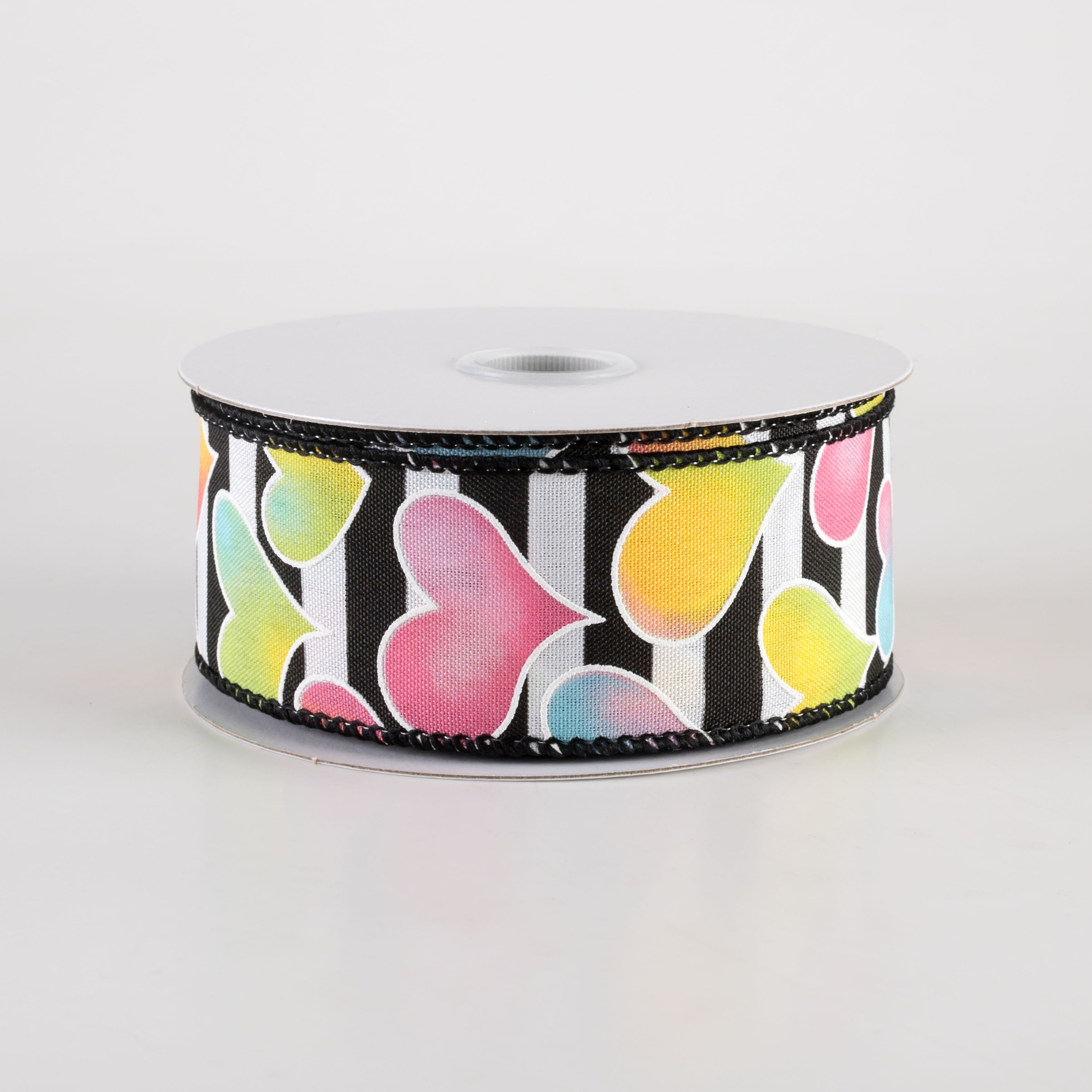 1.5" Ombré Hearts BW Satin Stripe Ribbon: Pink, Yellow, Blue, Green (10 Yards)