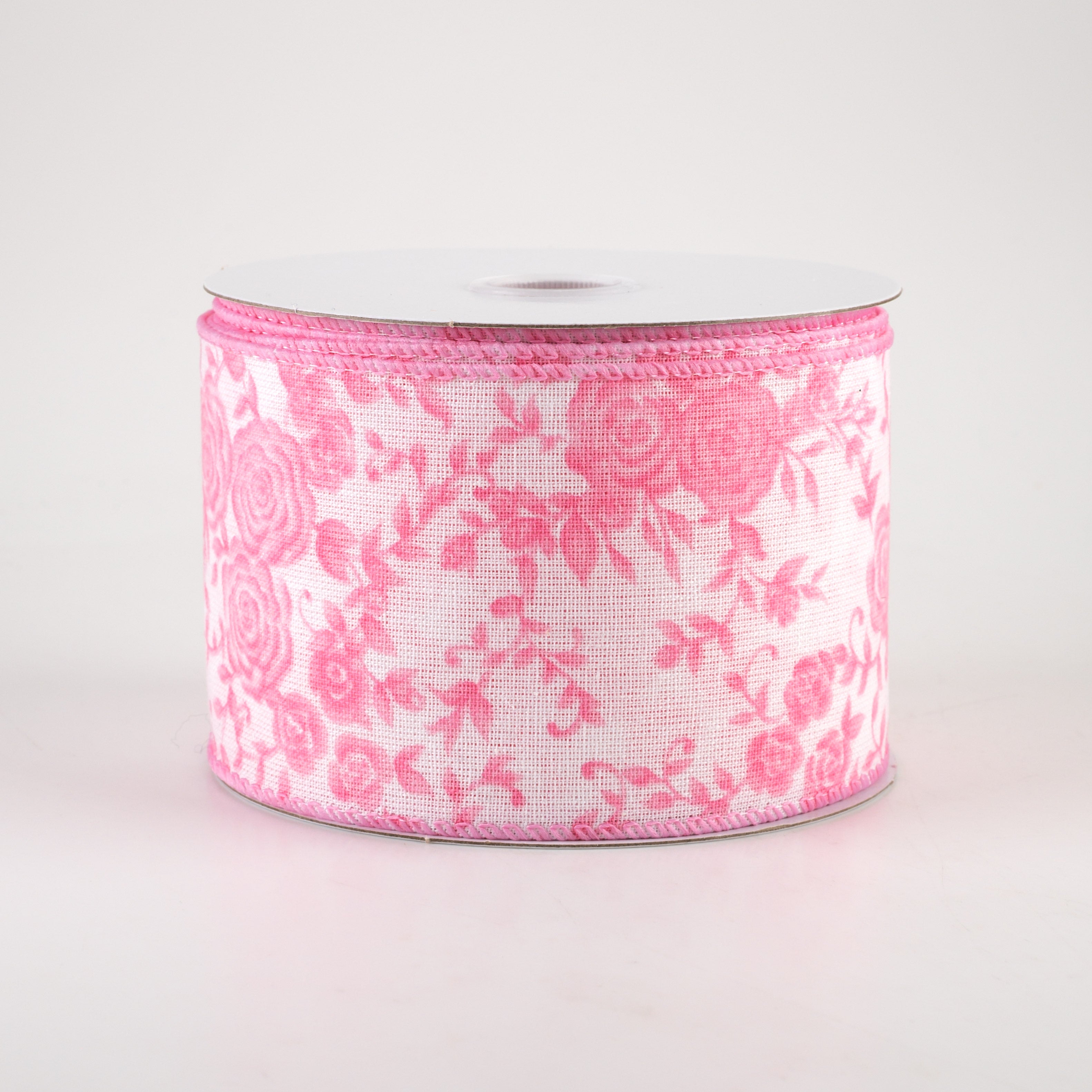 2.5" Ombre Roses on White Linen Ribbon: Pink (10 Yards)